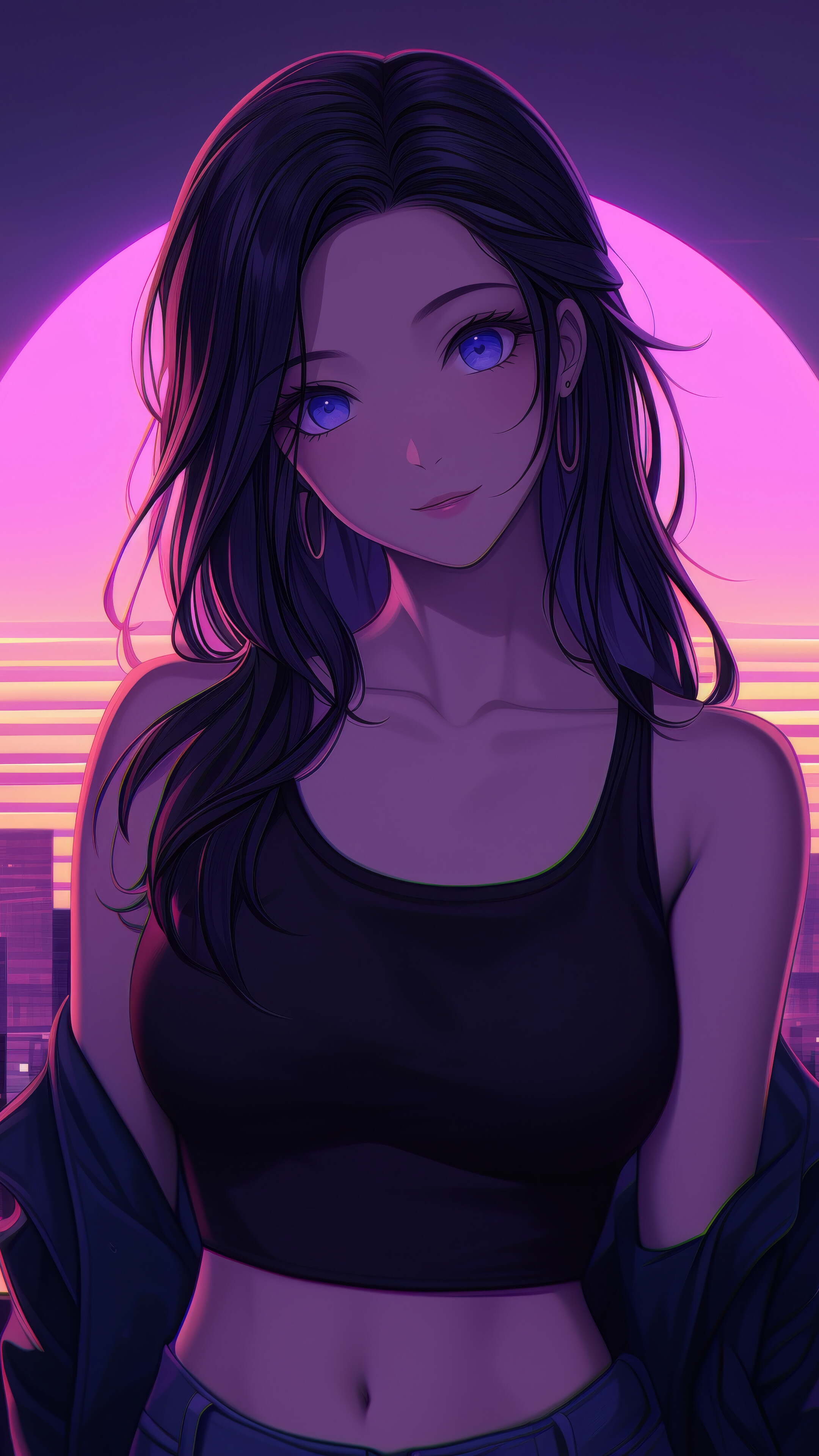Anime Girl Synthwave City 4K Wallpaper