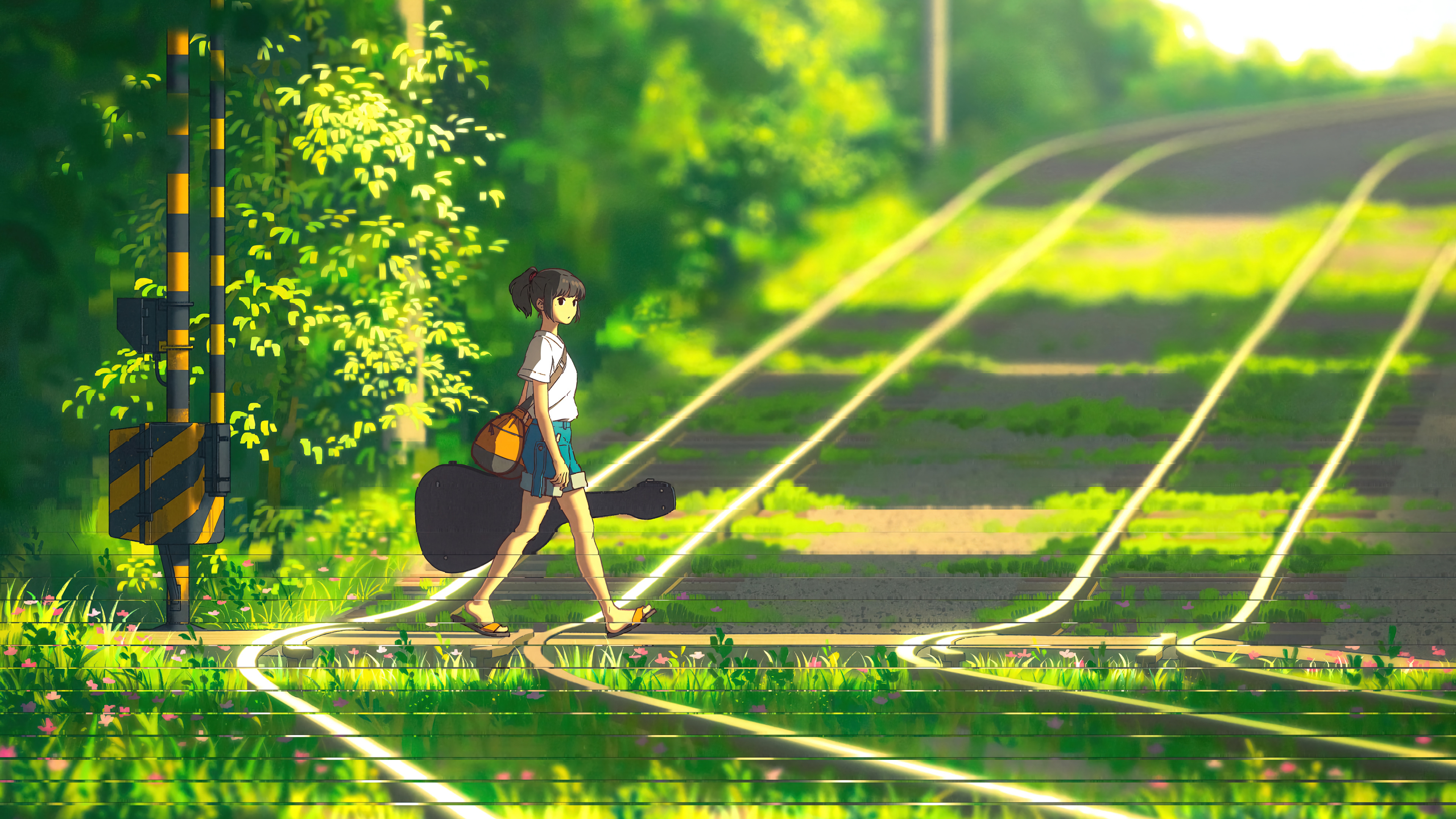 Anime Girl Walking Train Track Crossing