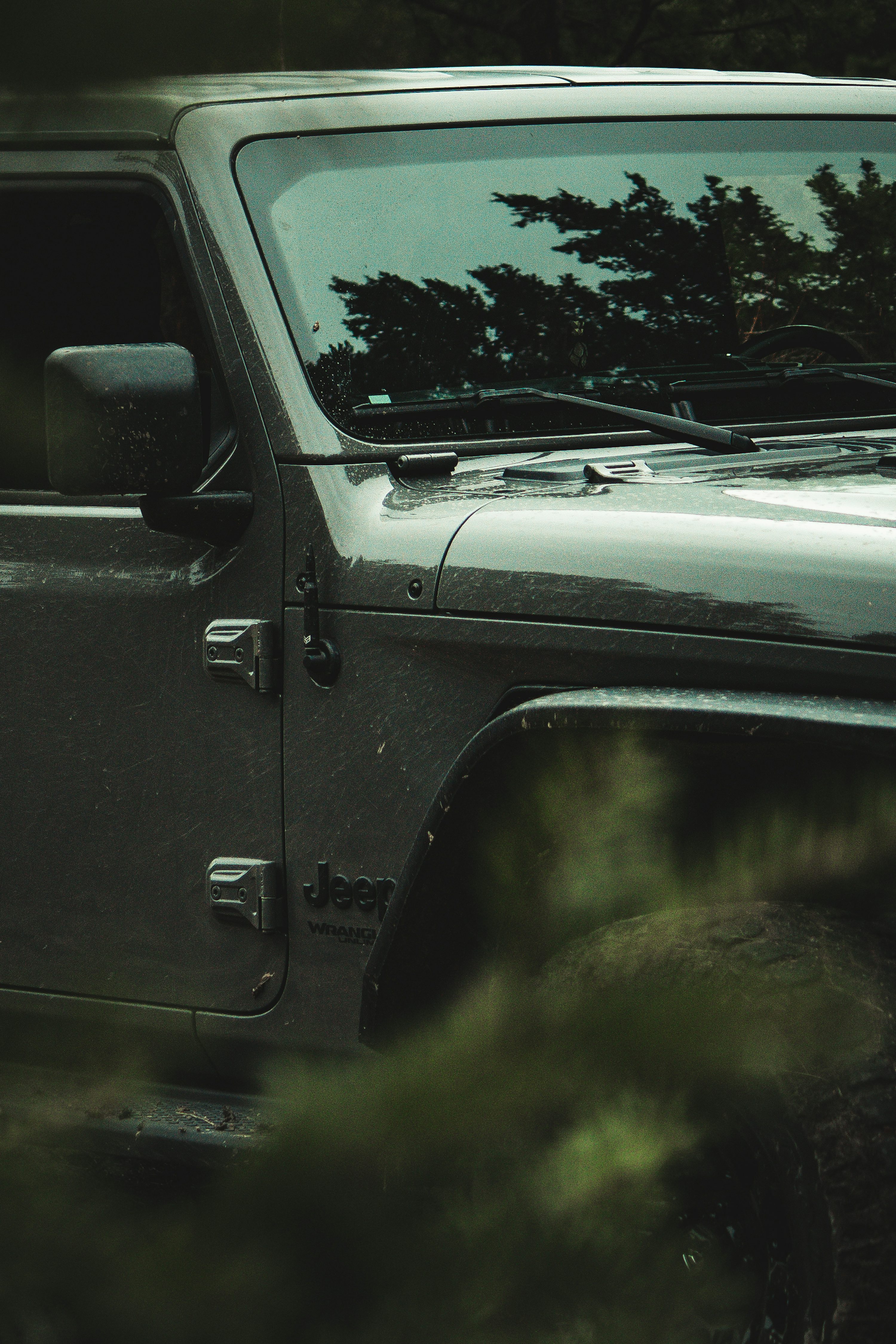 A black jeep parked in a wooded area