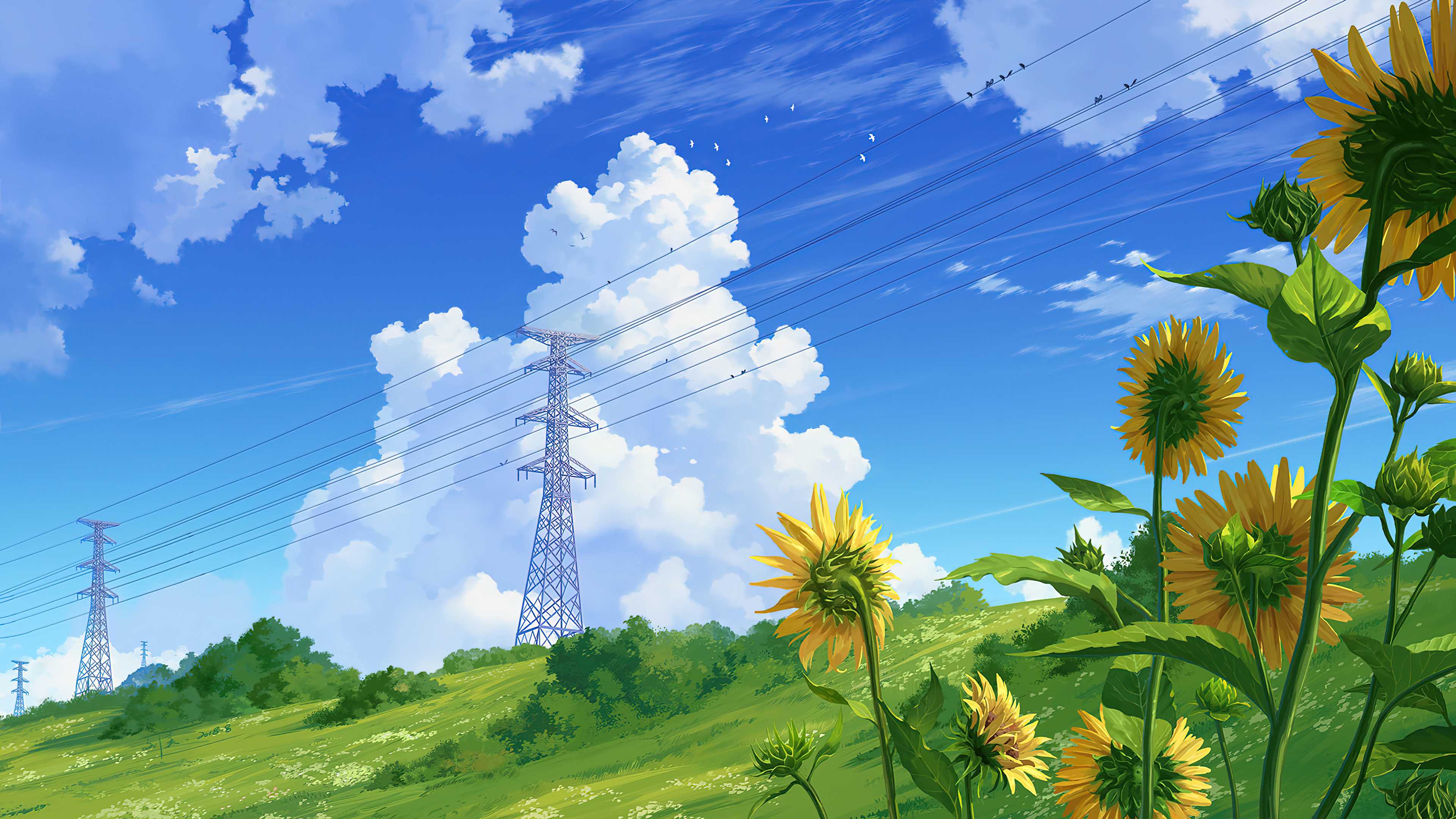 Sunflower Anime Scenery Wallpaper 4K HD