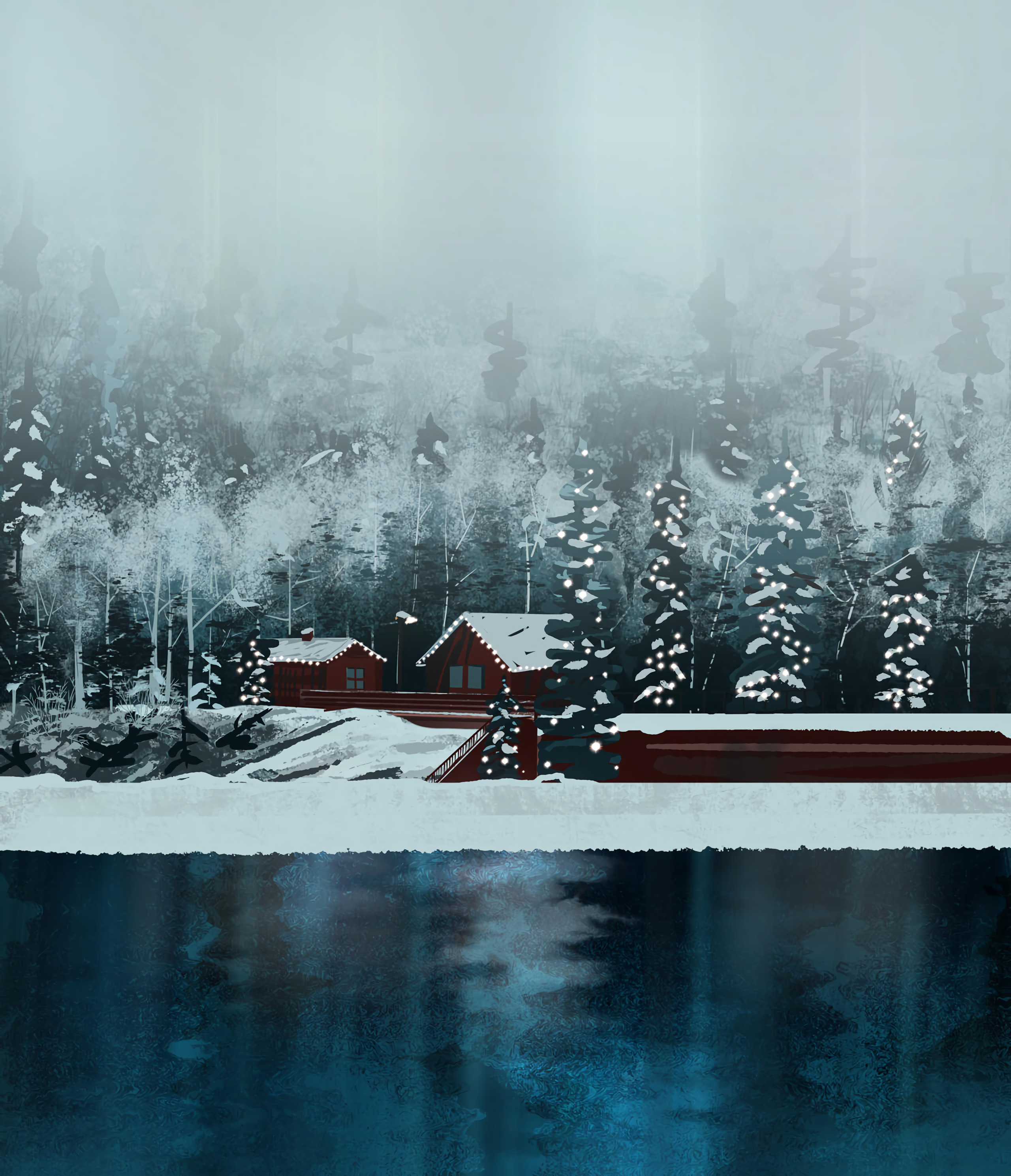 Phone wallpaper: Snow, Forest, Winter, Art, Lake, House 153561