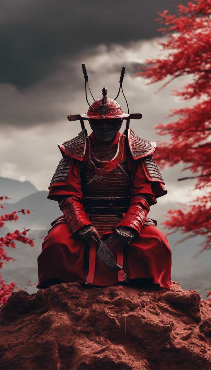 red samurai kneeling victoriously atop