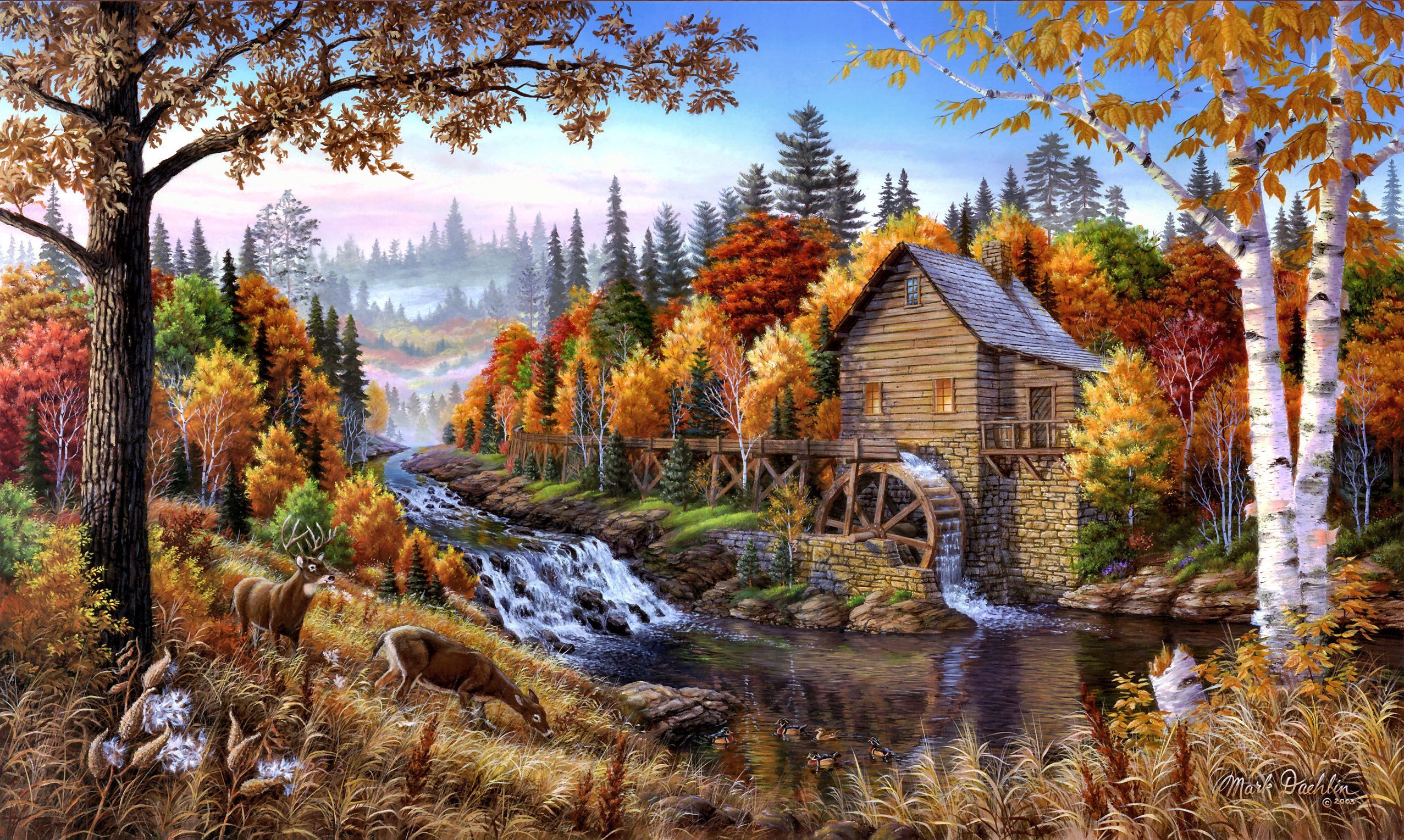 Desktop wallpaper: Fall, River, Watermill, Landscape, Artistic, Deer 4K free download for PC. 541547