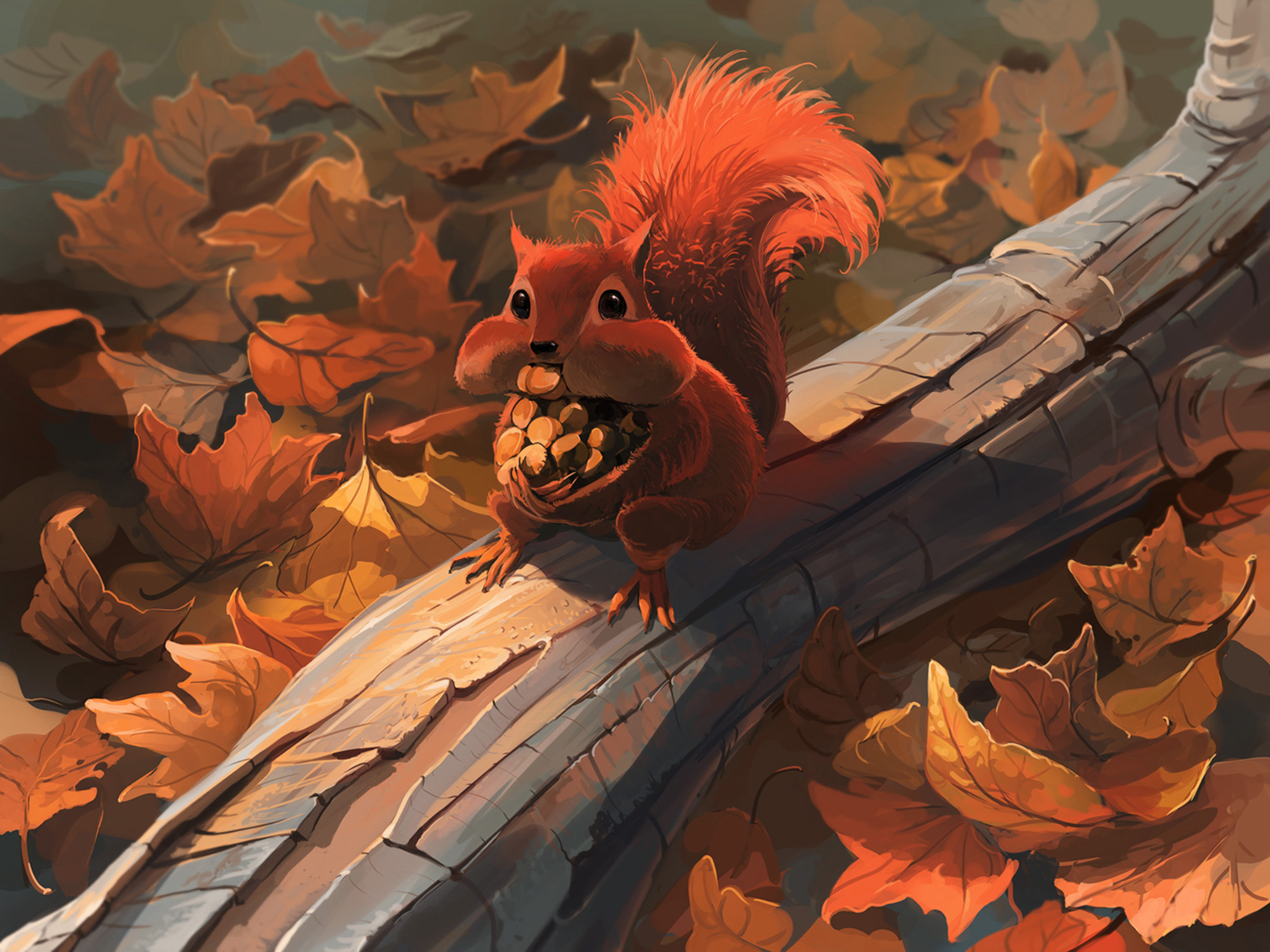 Squirrel, Foliage, Autumn, Art