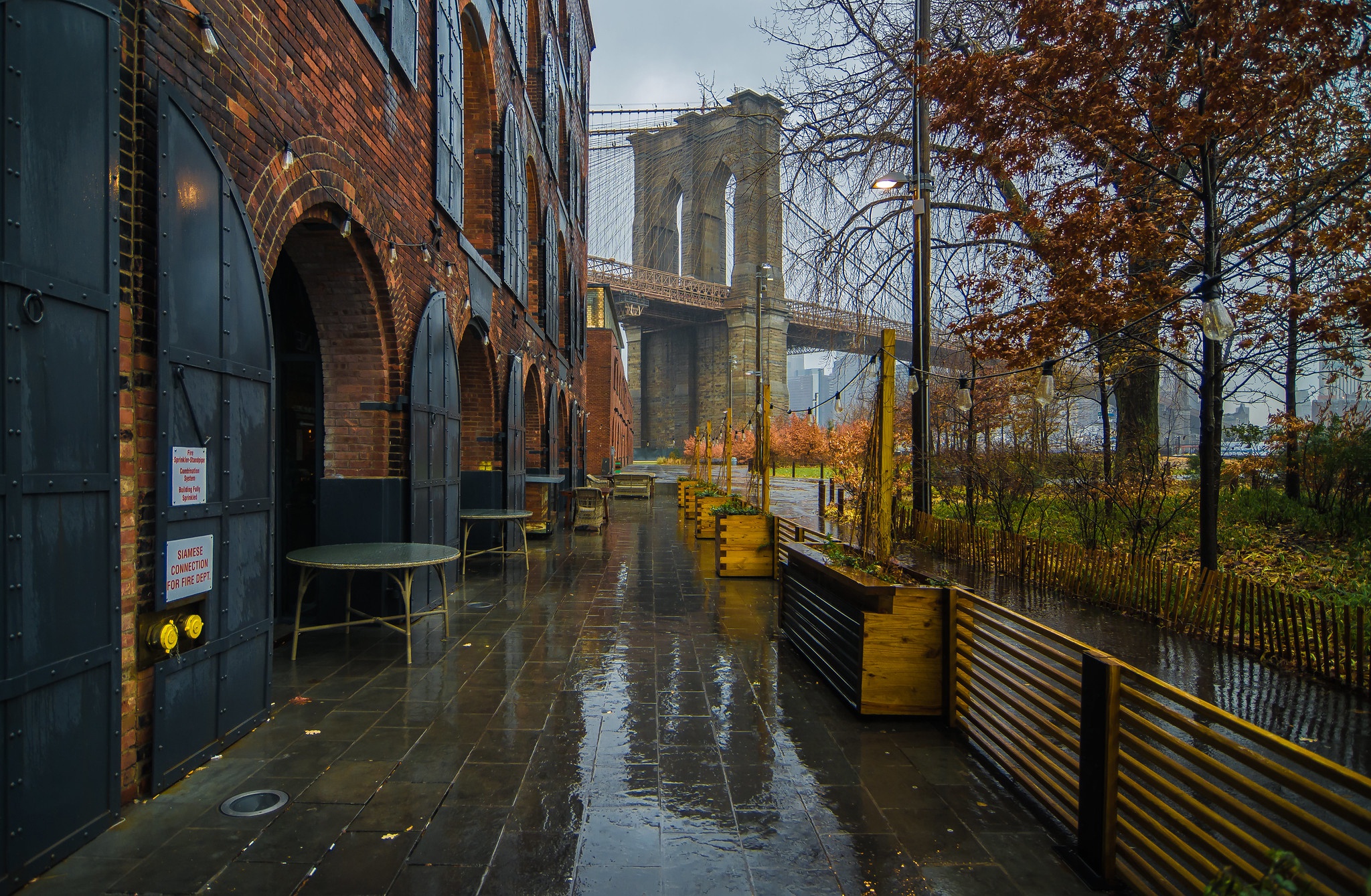 Wallpaper autumn, bridge, rain, tree, New York, cafe, Brooklyn bridge, New York City for mobile and desktop, section город, resolution 2048x1339