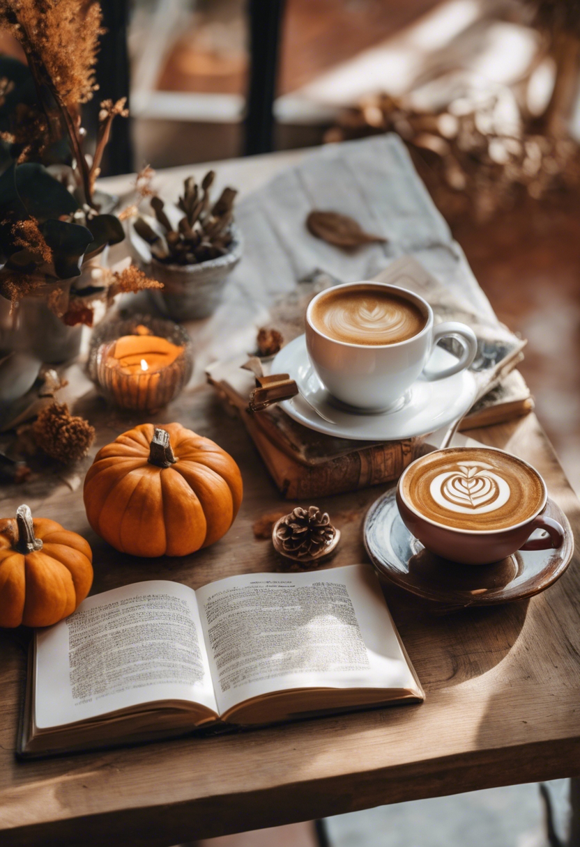 A boho coffee shop table in fall with a