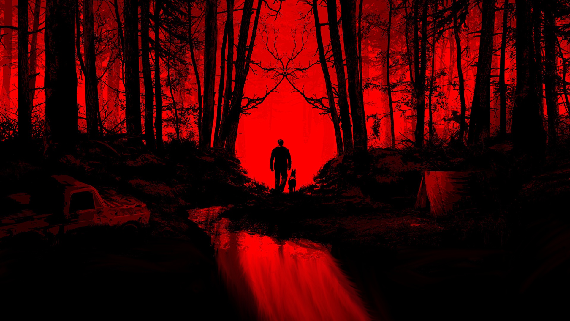 Wallpaper forest, Red, shadows, Black