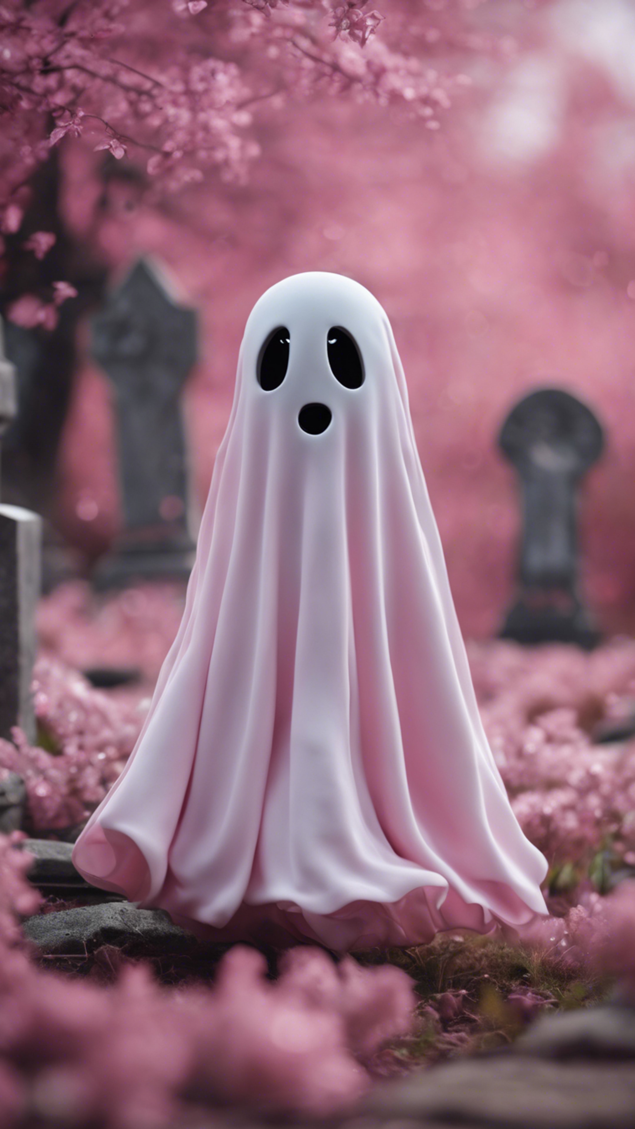 A happy little ghost character draped