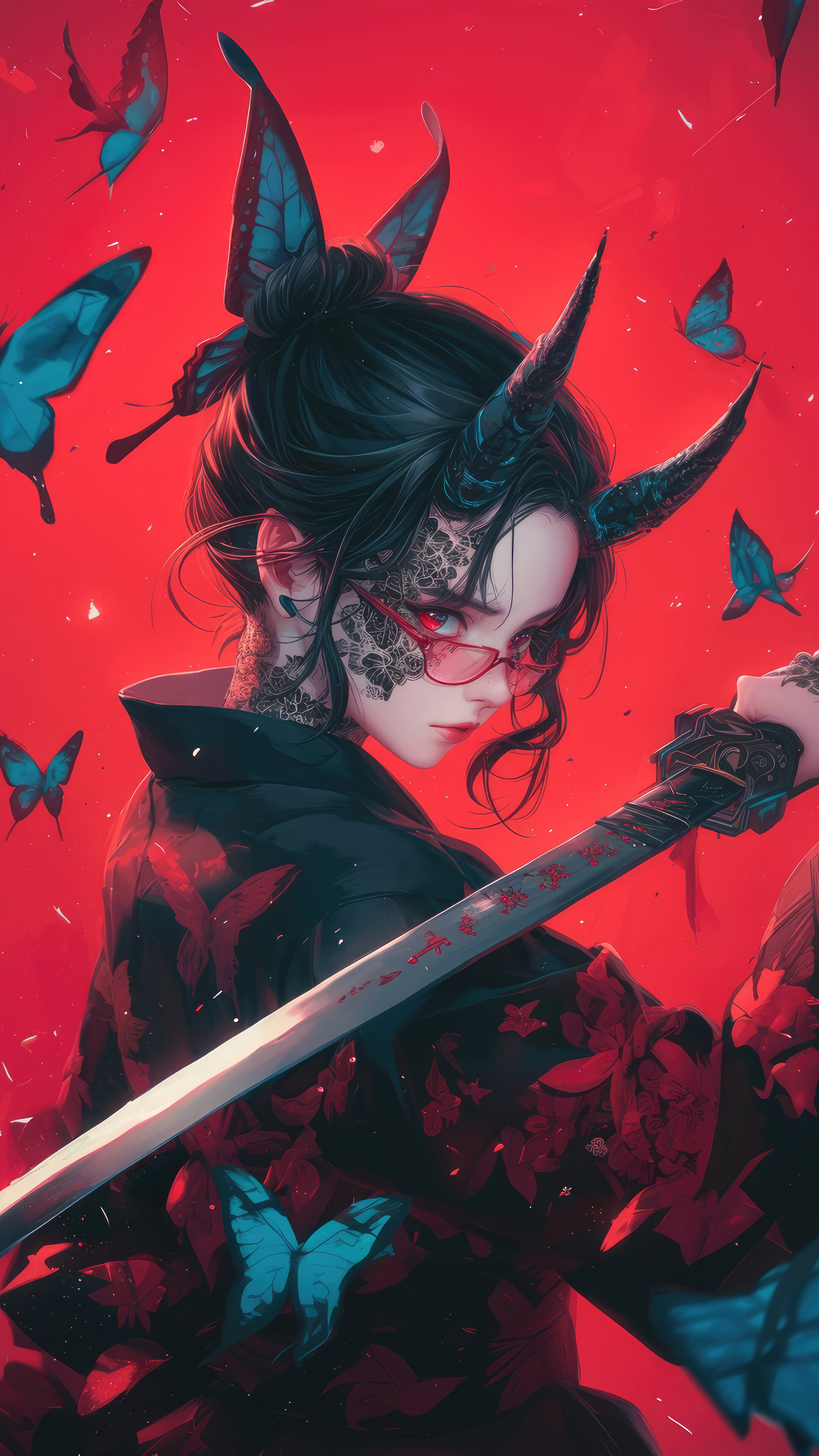Demon Anime Girl Horn Glasses Katana 4K