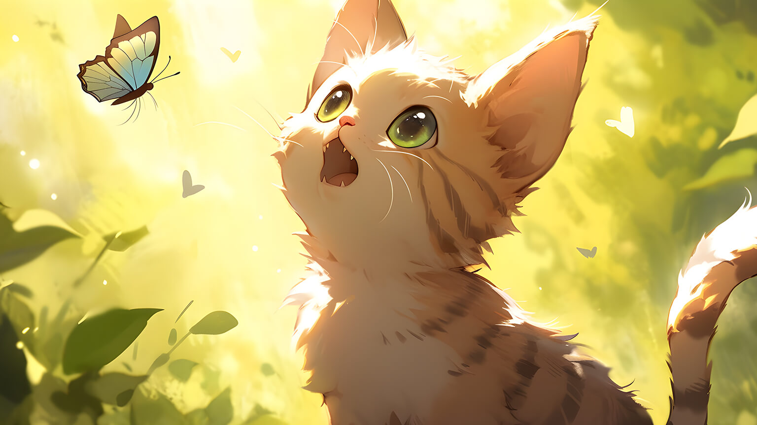 Funny Cat with Butterfly Green Desktop