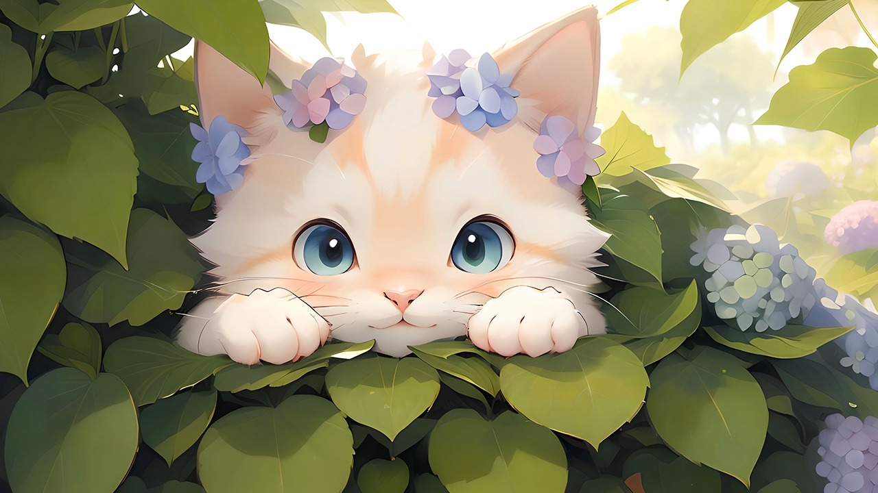 Cute Hydrangea Cat Desktop Wallpaper