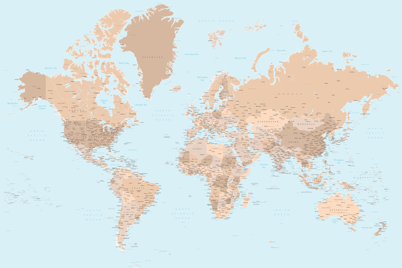 Blue and brown detailed world map