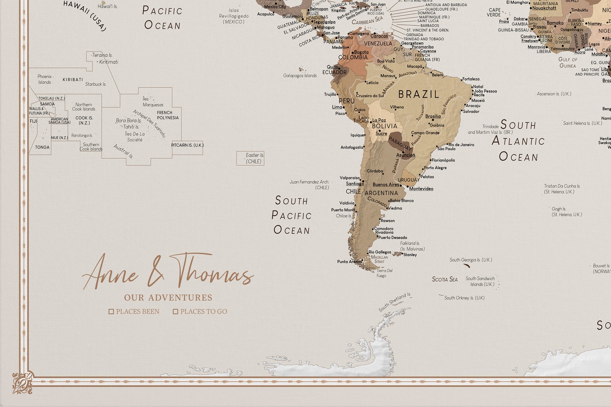 Personalized World Map on Cork Board