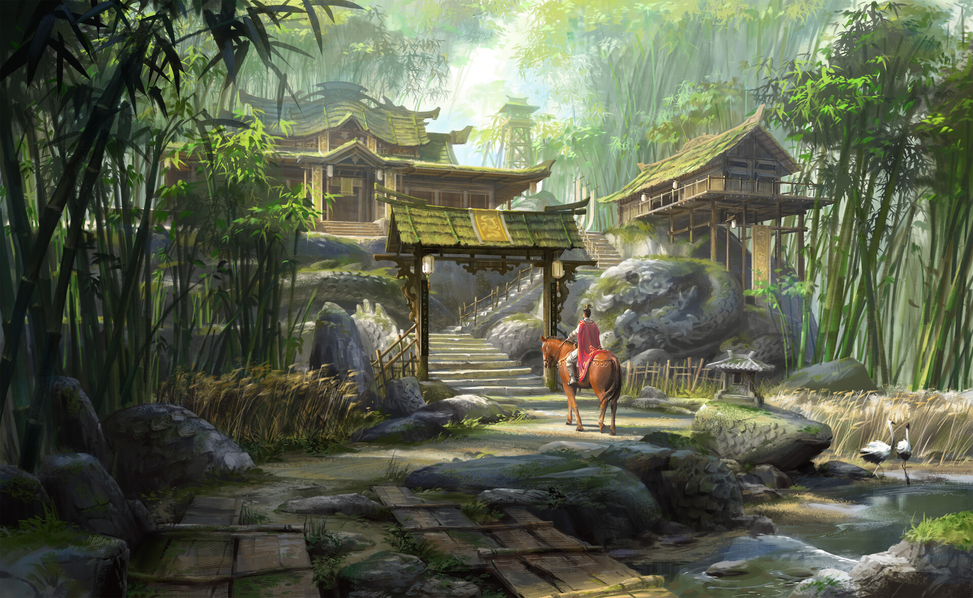 Mystical Oriental Fantasy HD Wallpaper: Journey to the Bamboo Sanctuary