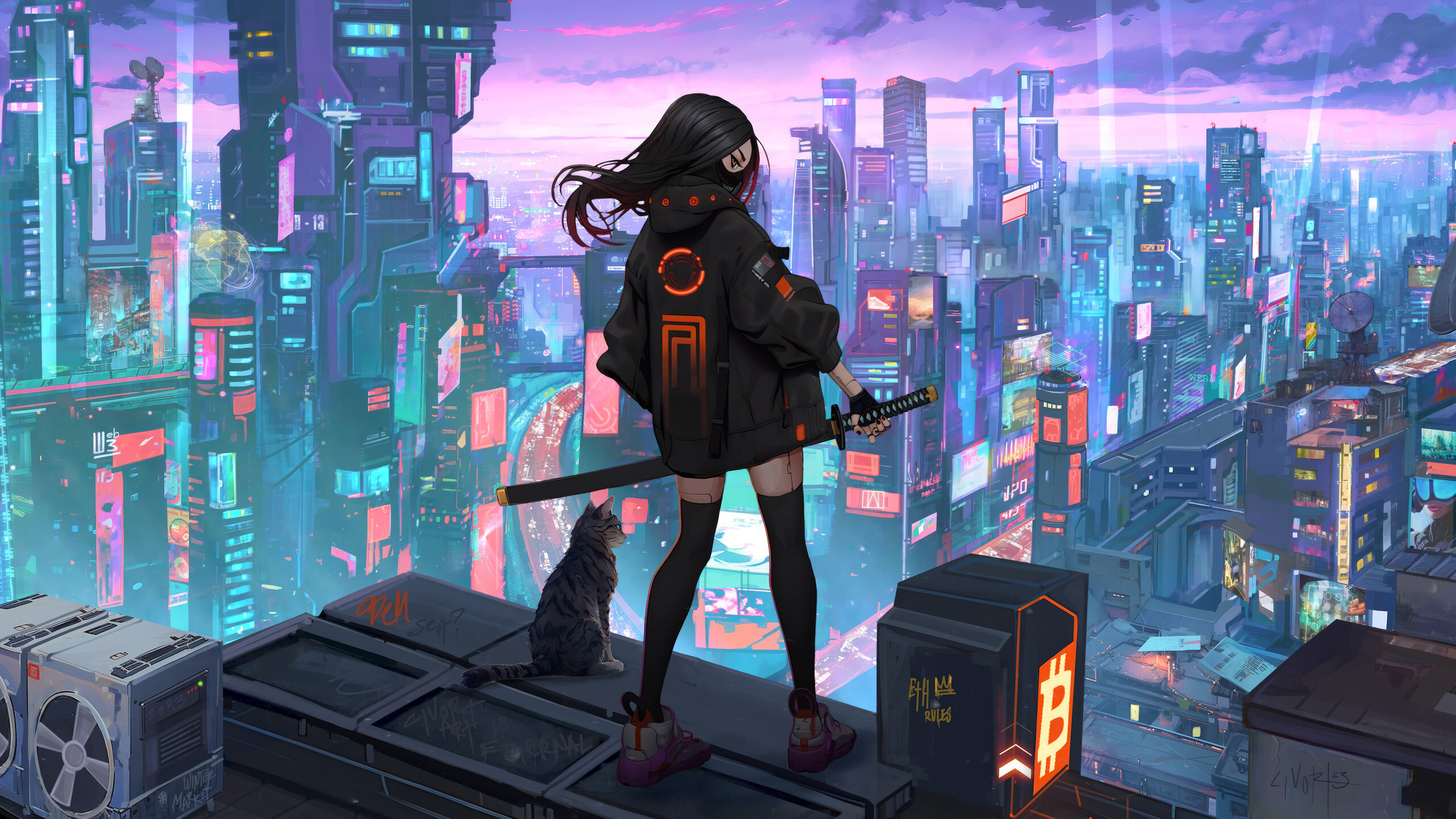 Cyberpunk Anime Girl Cat Sci Fi City