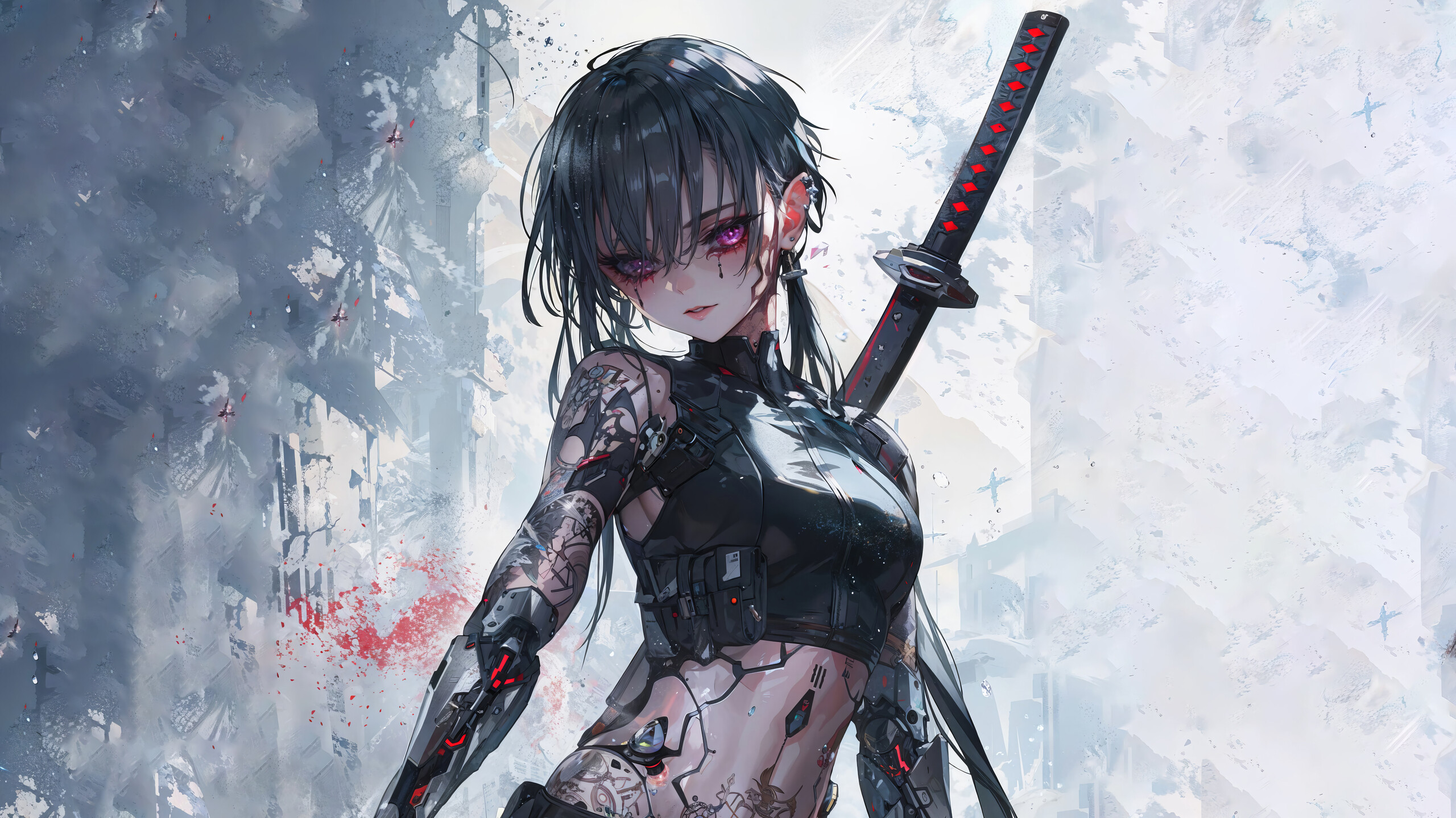 Anime Girl Katana Cyberpunk Wallpaper