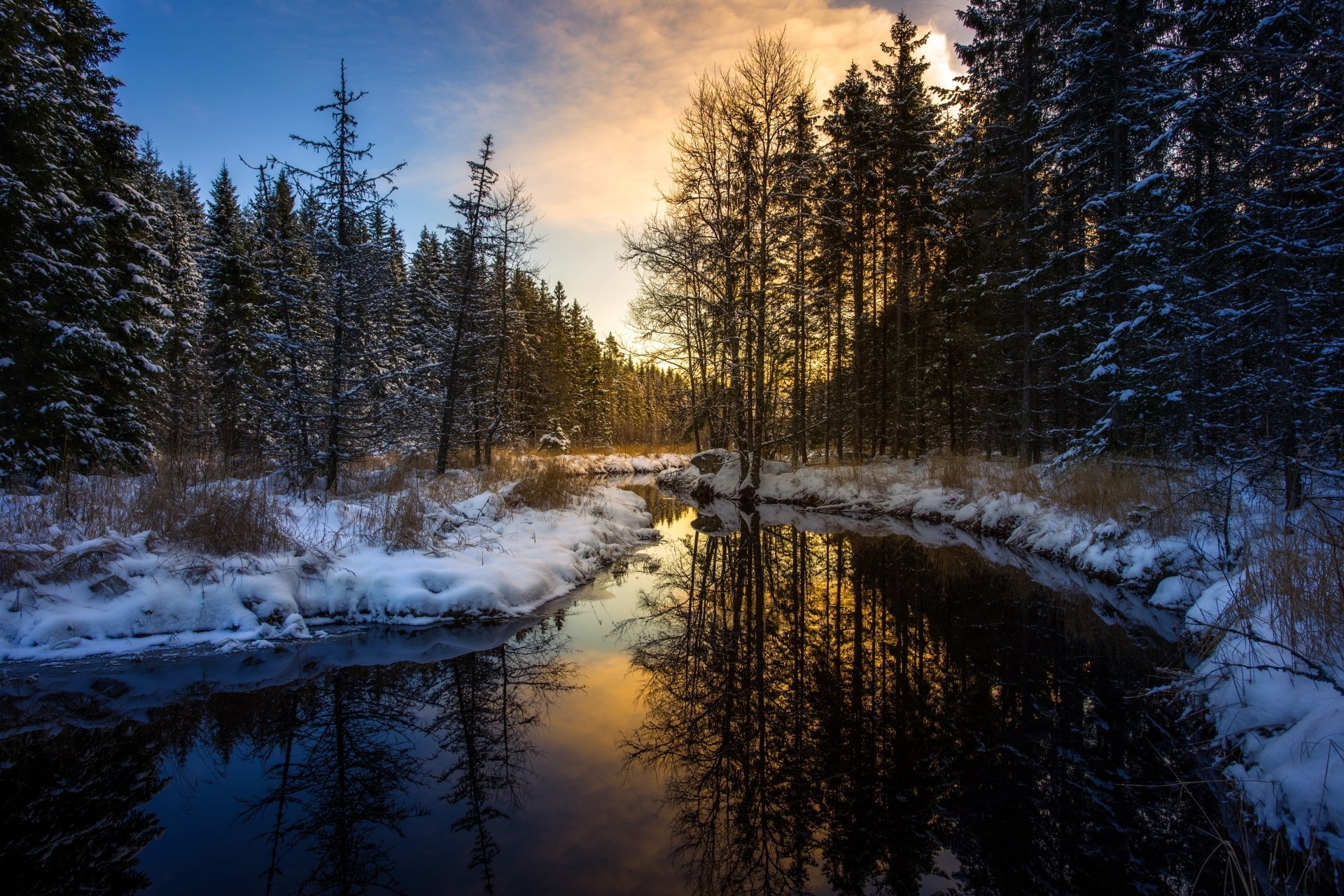Winter Forest Reflection: 4K Ultra HD Snowy River Landscape Wallpaper