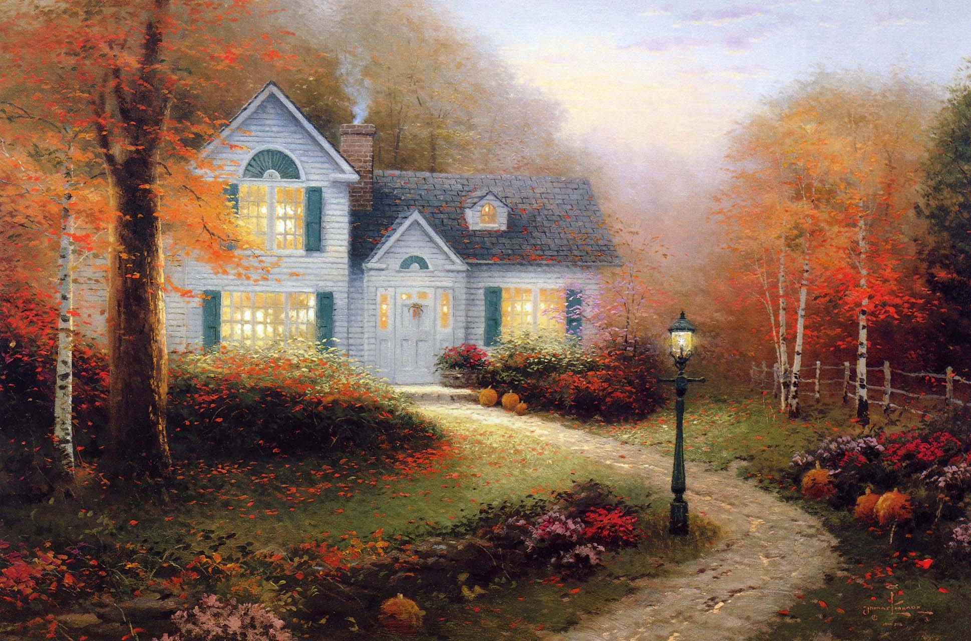 Wallpaper autumn, light, smoke, picture, lantern, painting, cottage, Thomas kinkade for mobile and desktop, section живопись, resolution 1939x1280