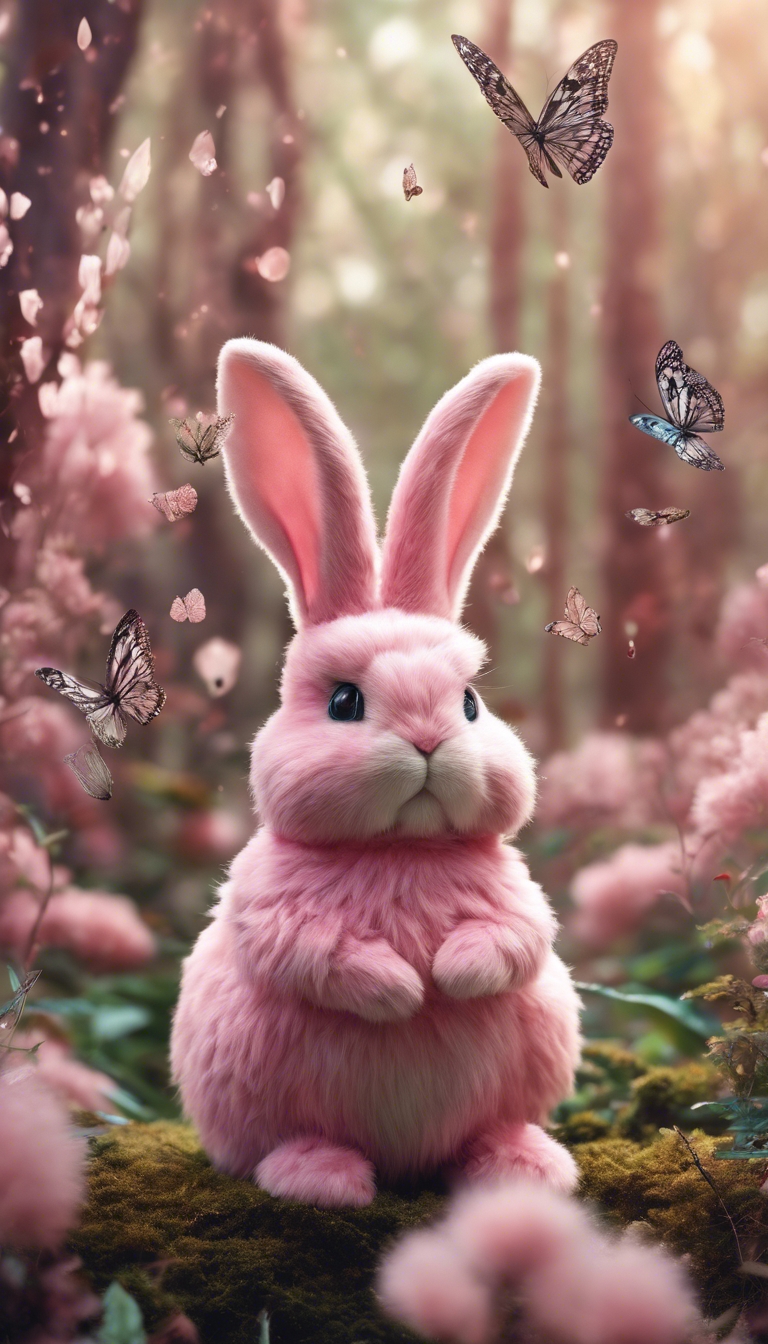 A fluffy pink bunny in a whimsical