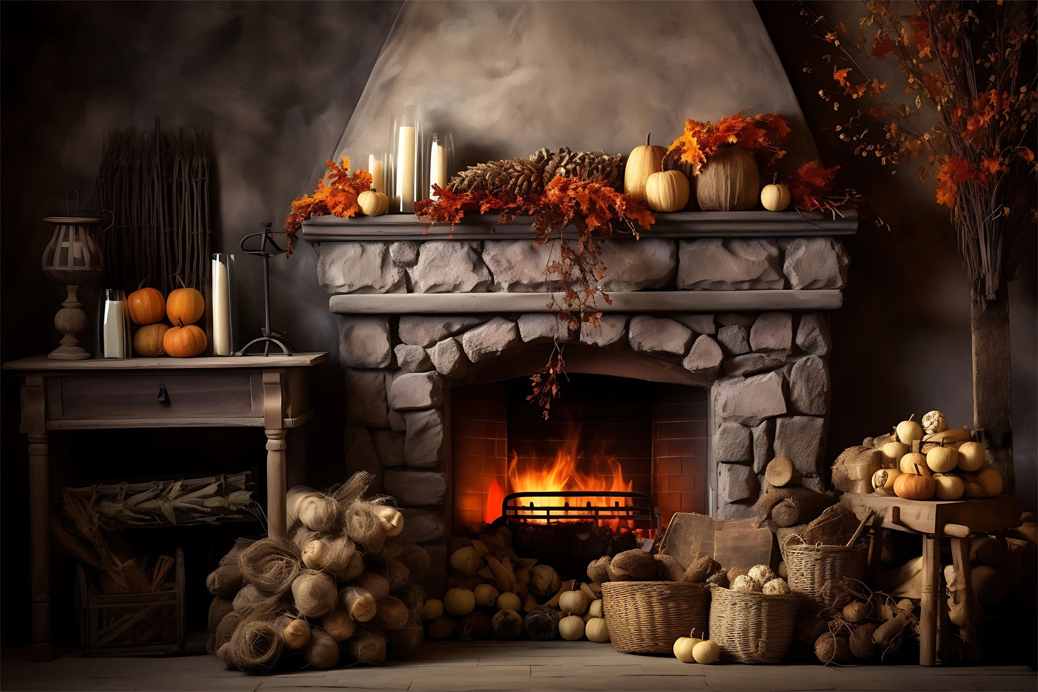 Autumn Fireplace Leaves Candles