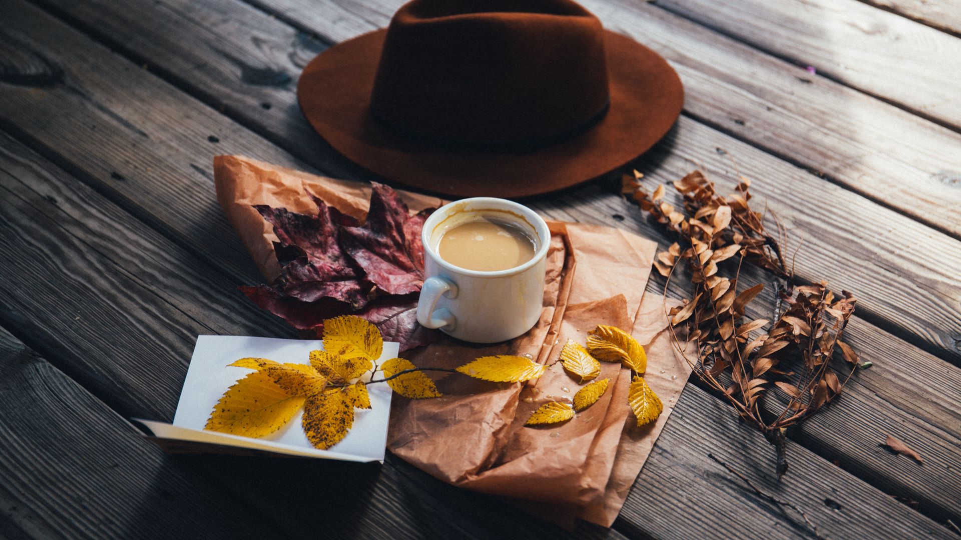 Download wallpaper 1920x1080 coffee, cup, leaves, hat, autumn full hd, hdtv, fhd, 1080p HD background