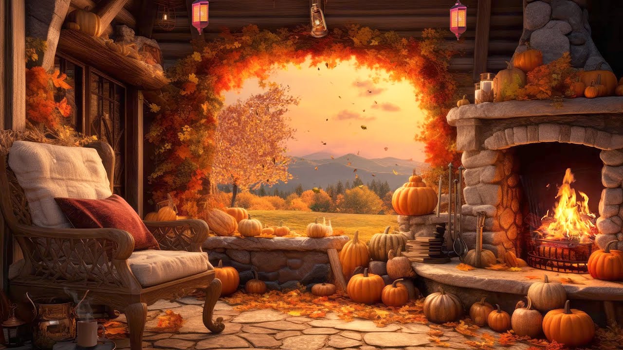 Leaves Falling Day in Cozy Autumn Cabin