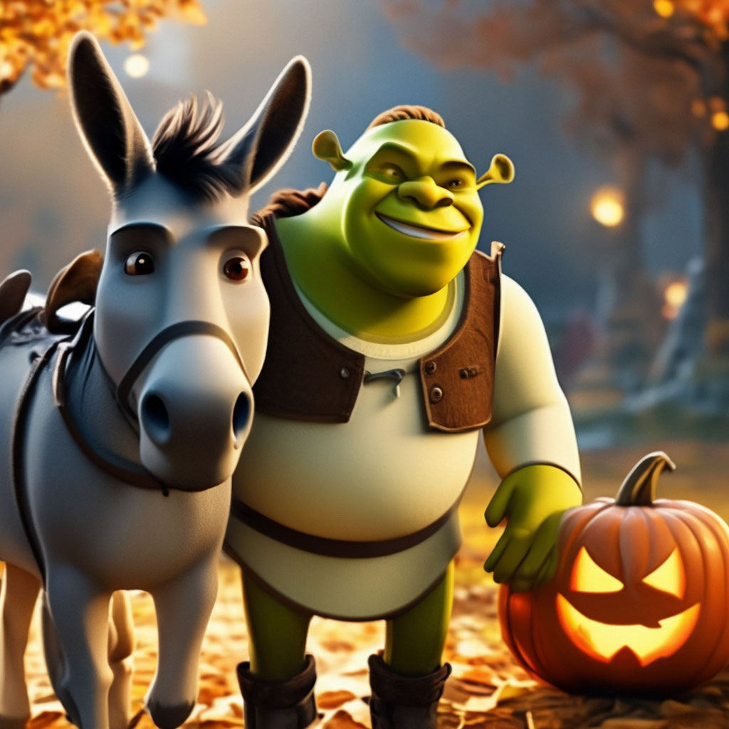 Shrek with a donkey. It looks like an autumn night. Halloween pumpkin. Cartoon style, hd, 4k