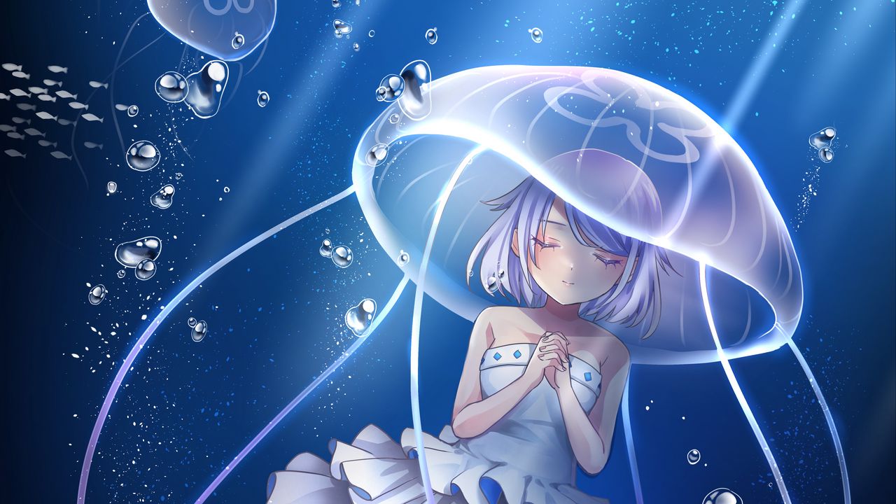 Wallpaper girl, jellyfish, underwater