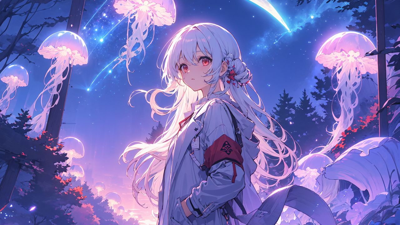 Wallpaper girl, cloak, jellyfish, anime