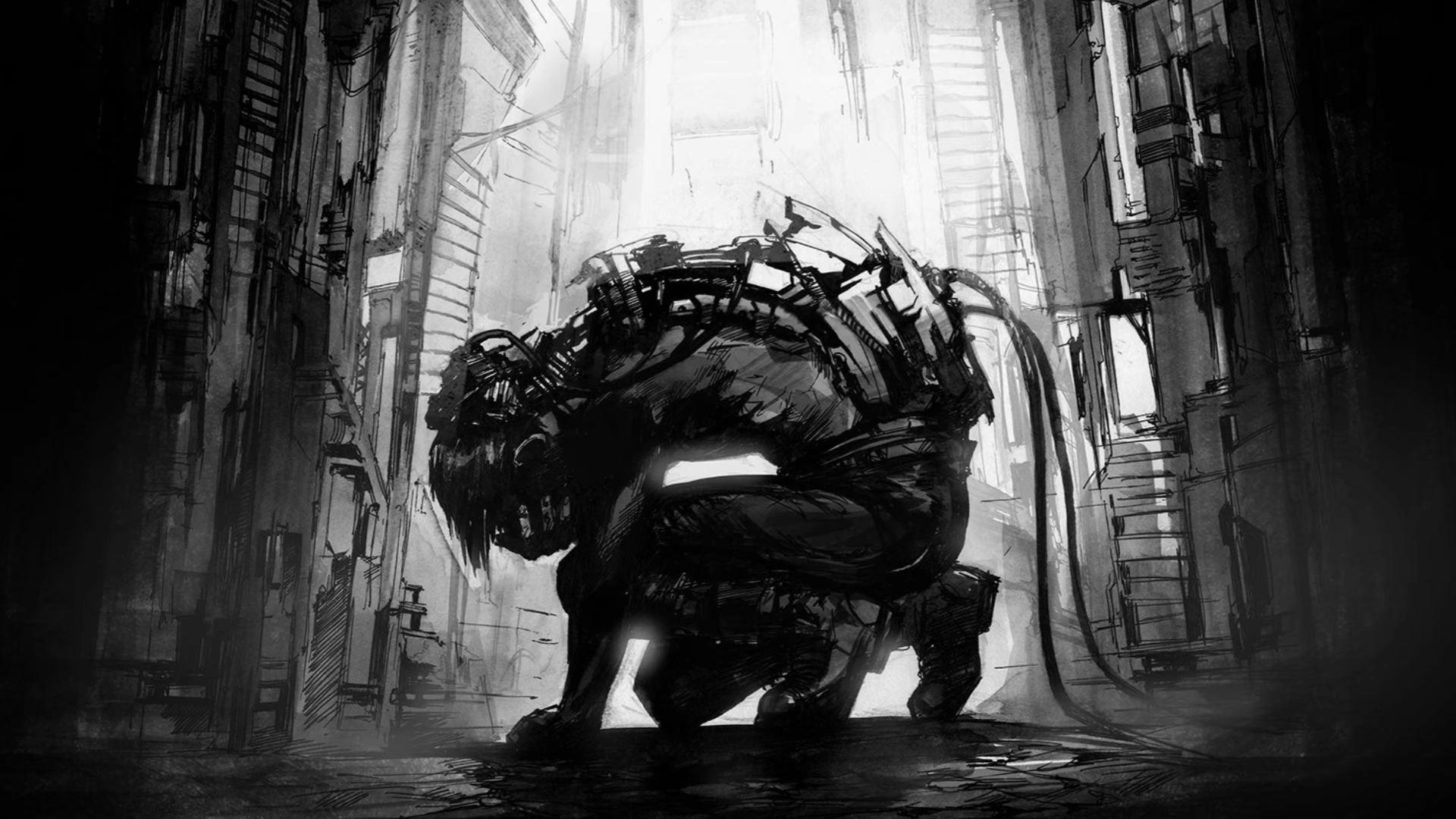 Monochrome Cyberpunk Robot HD Wallpaper
