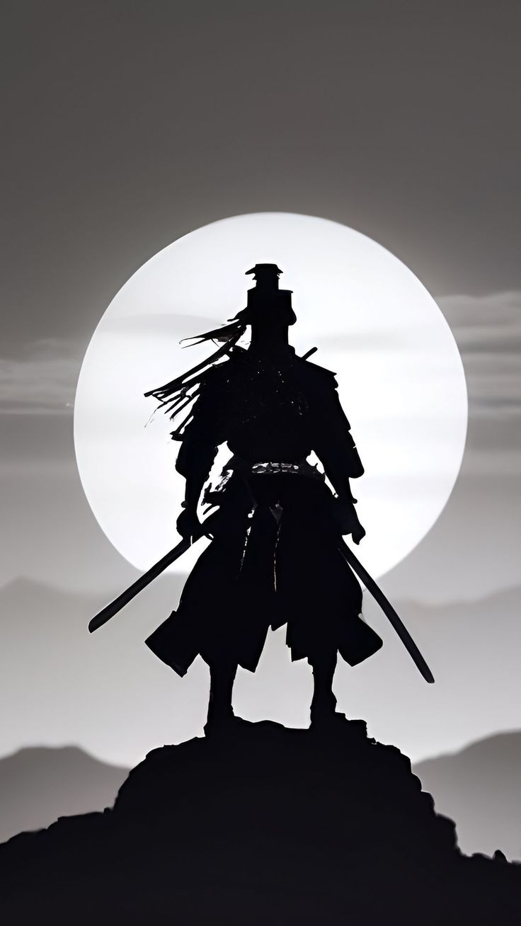 Wallpaper black, samurai, art, moon