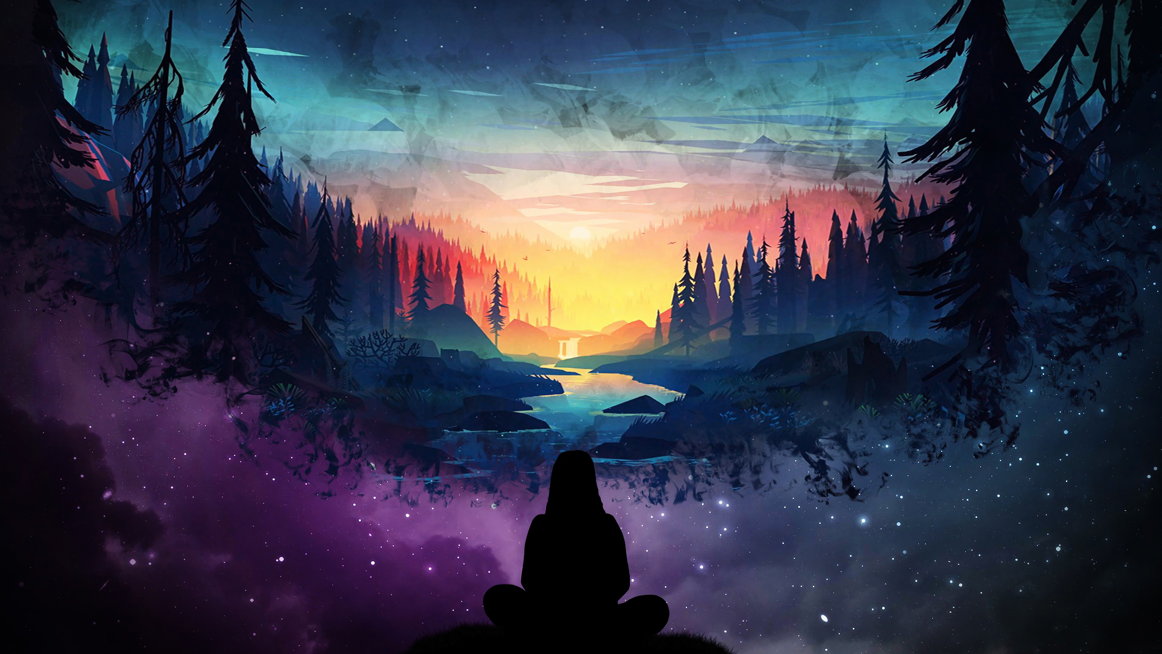 Forest Art Landscape Sunset 4K Wallpaper