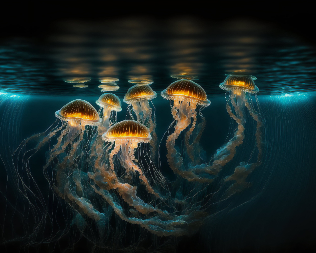 Download wallpaper glow, jellyfish