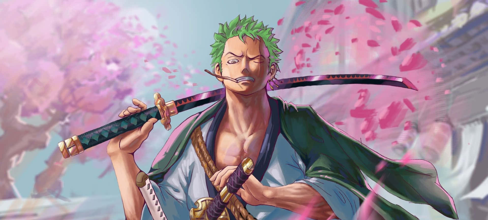 Download Zoro Wano On Pink Wallpaper