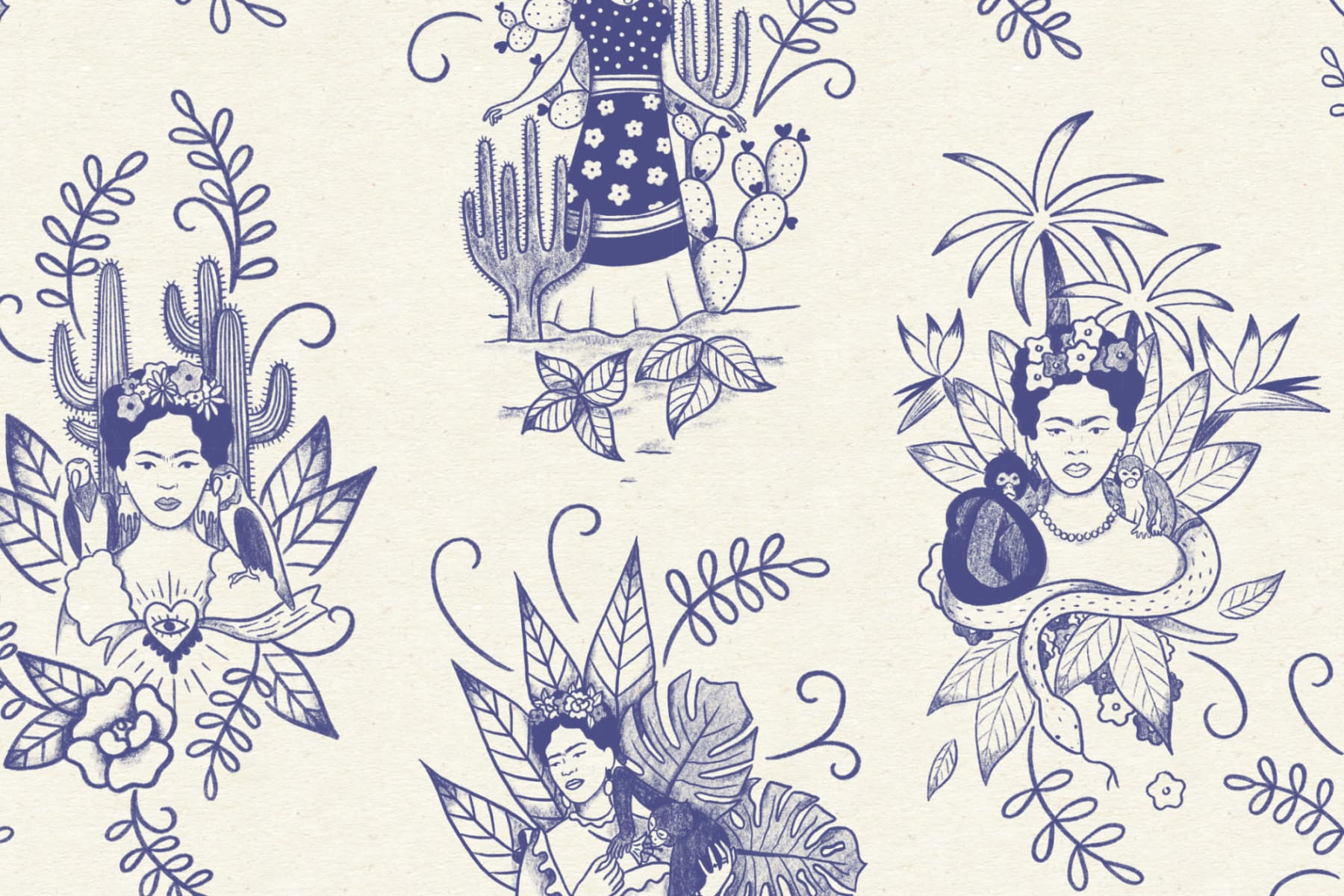 Frida Kahlo Floral Pattern Wallpaper