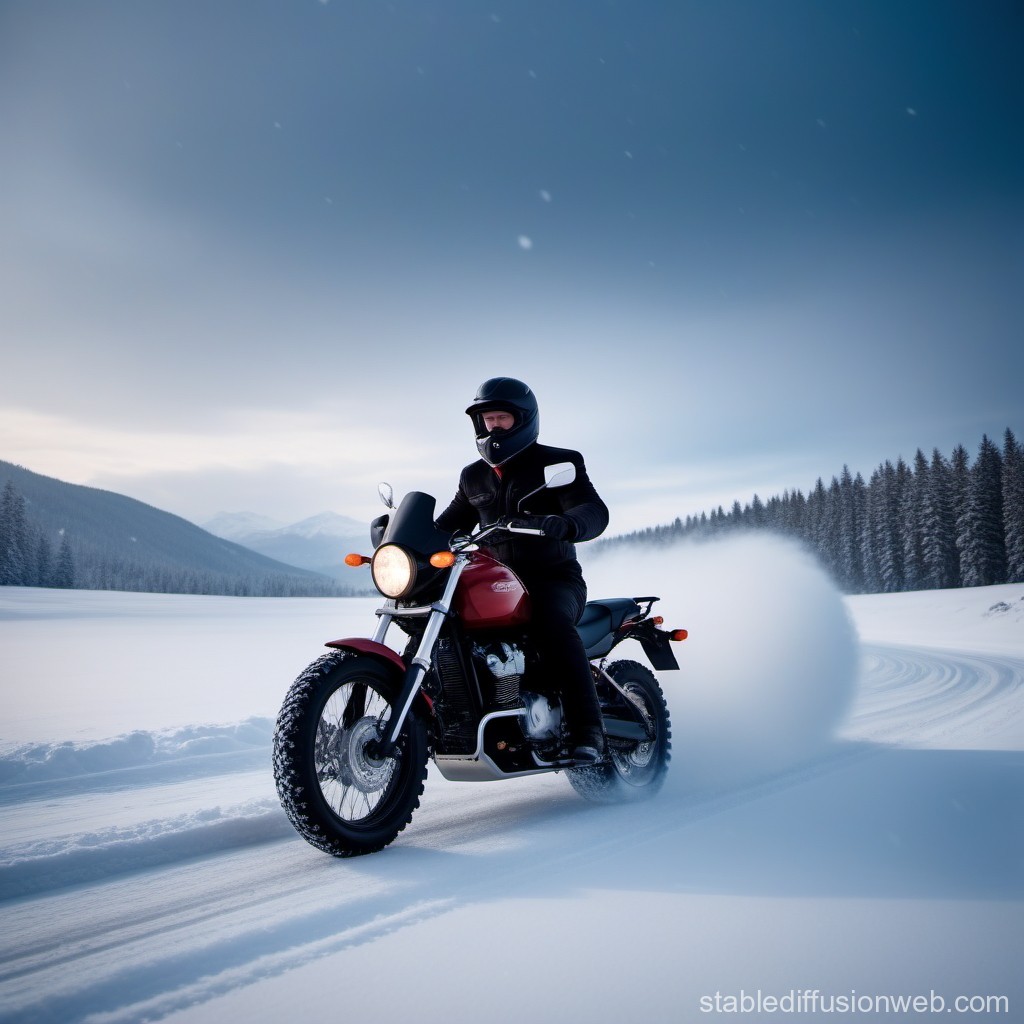 motorbike with a darke suited driver driving throu a winter landscape with a snow blower mounted in front to pave his way Prompts. Stable Diffusion Online