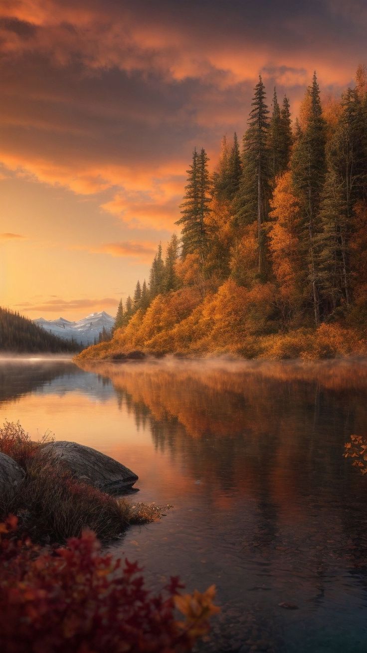Wallpaper autumn, forest, lake, sunset
