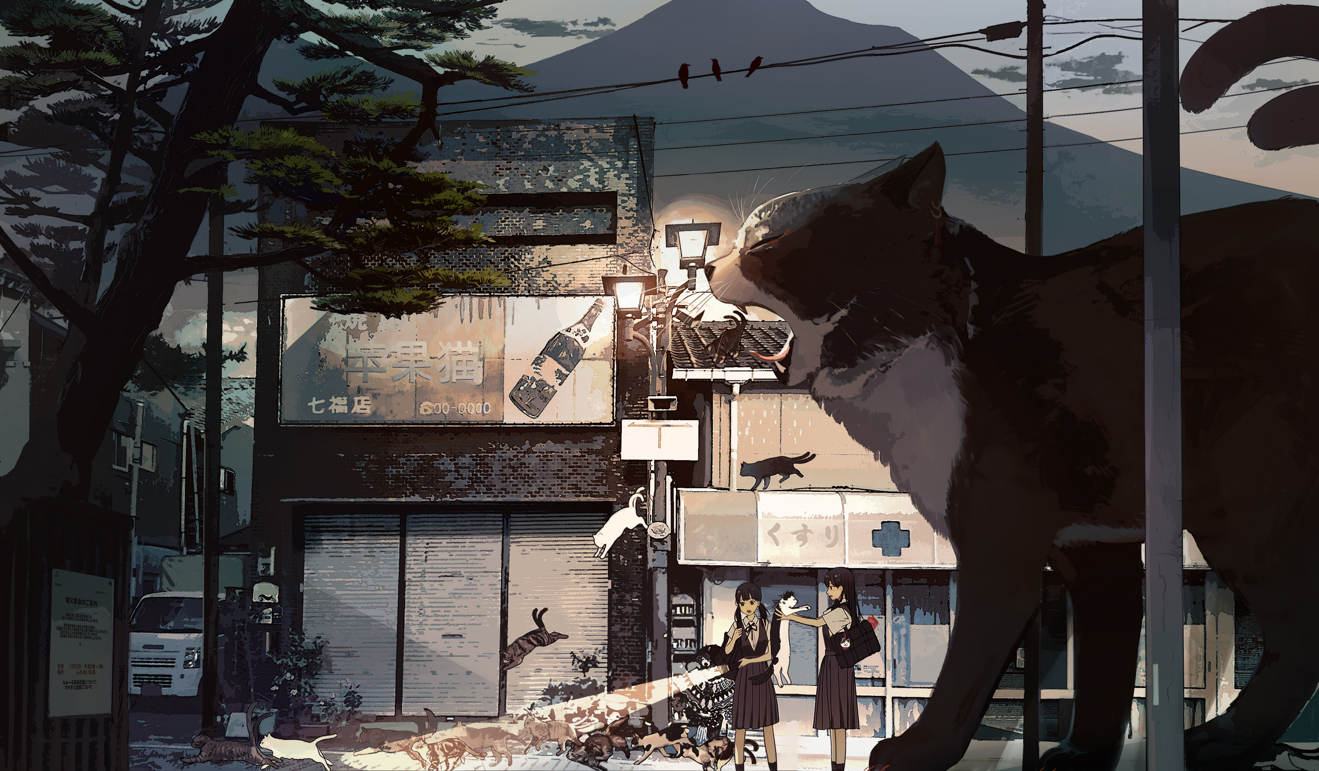 Whimsical Cat Encounter in Anime City