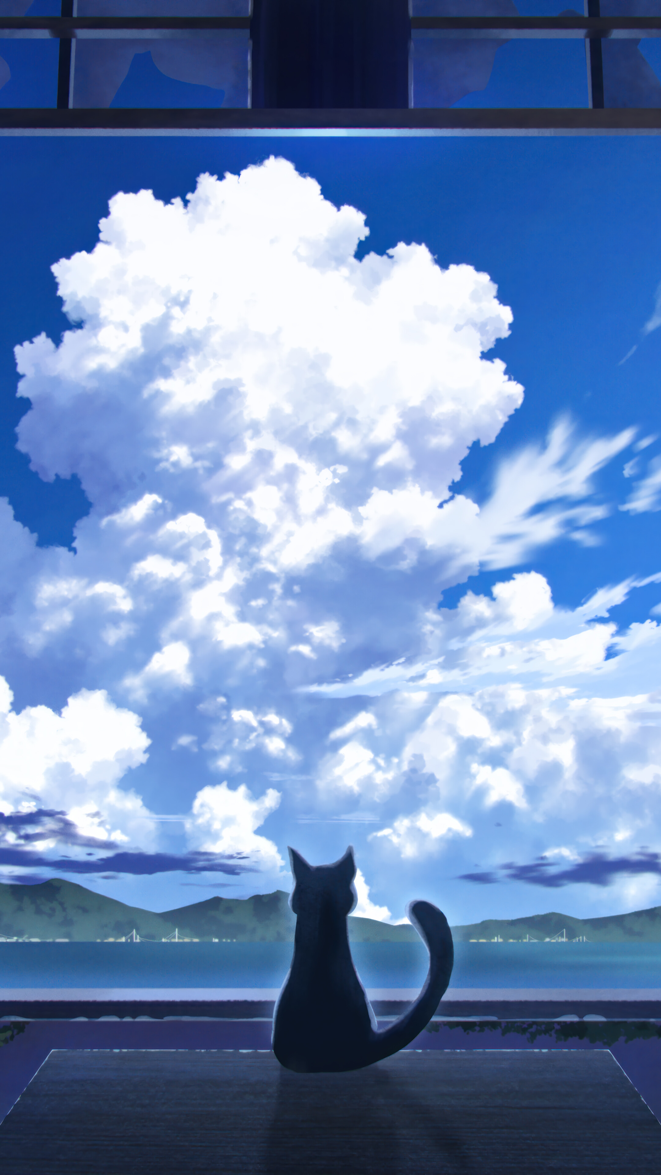 Cat Anime Clouds Sky Scenery Horzion 4K