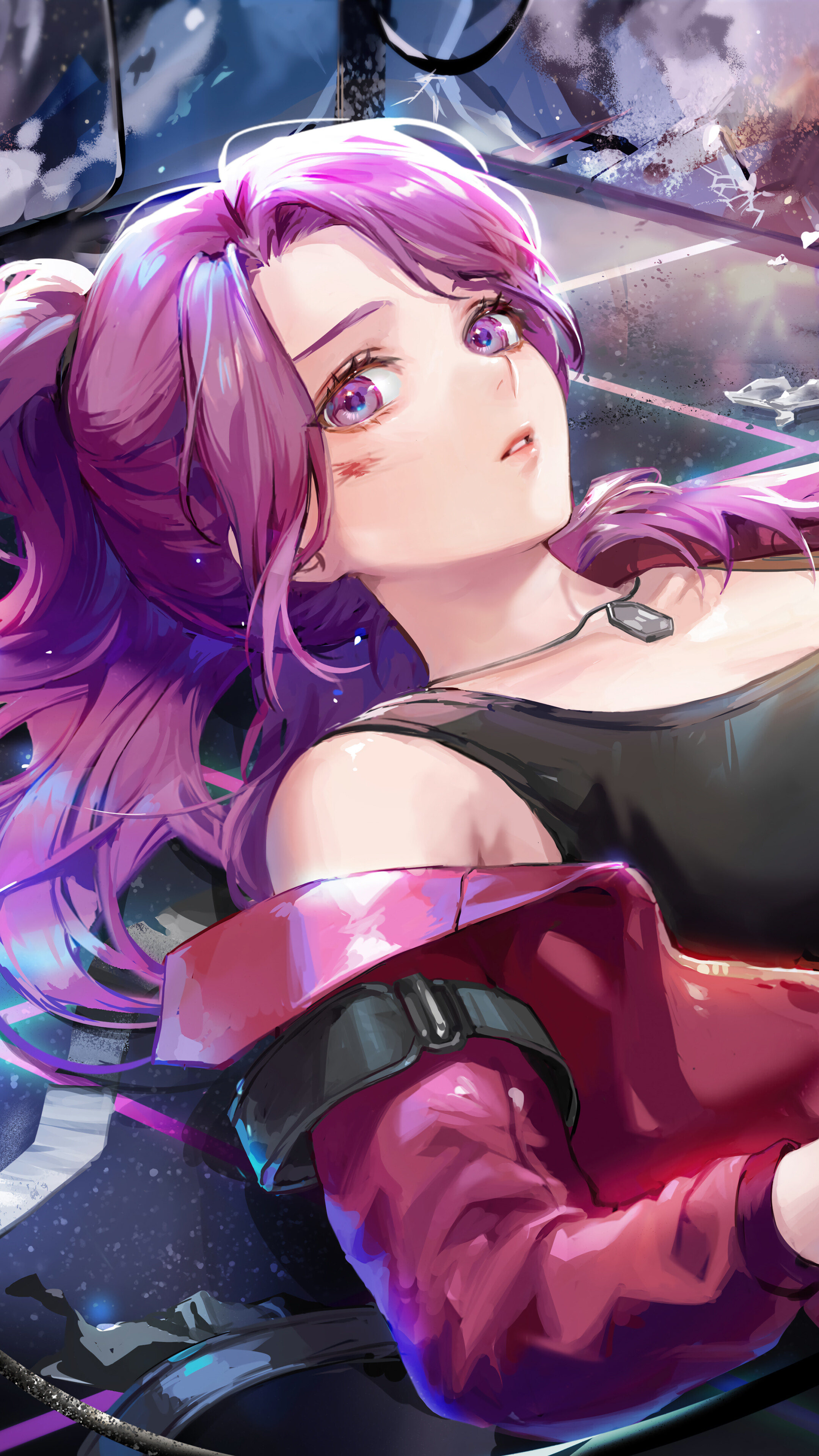 Cyberpunk Anime Girl Purple Hair 4K