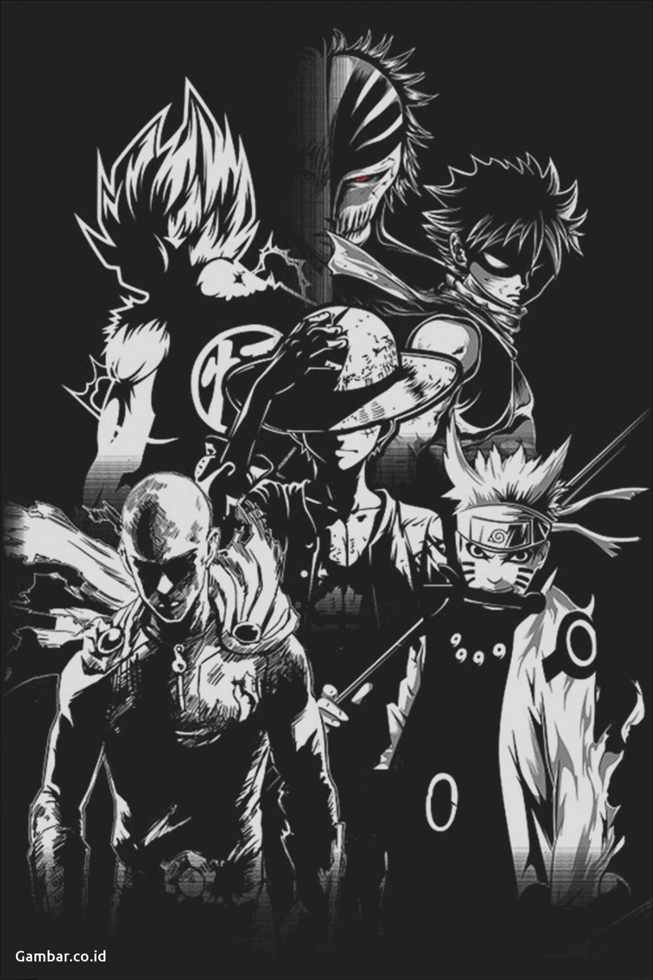Download Shonen Heroes And Luffy Black And White Wallpaper