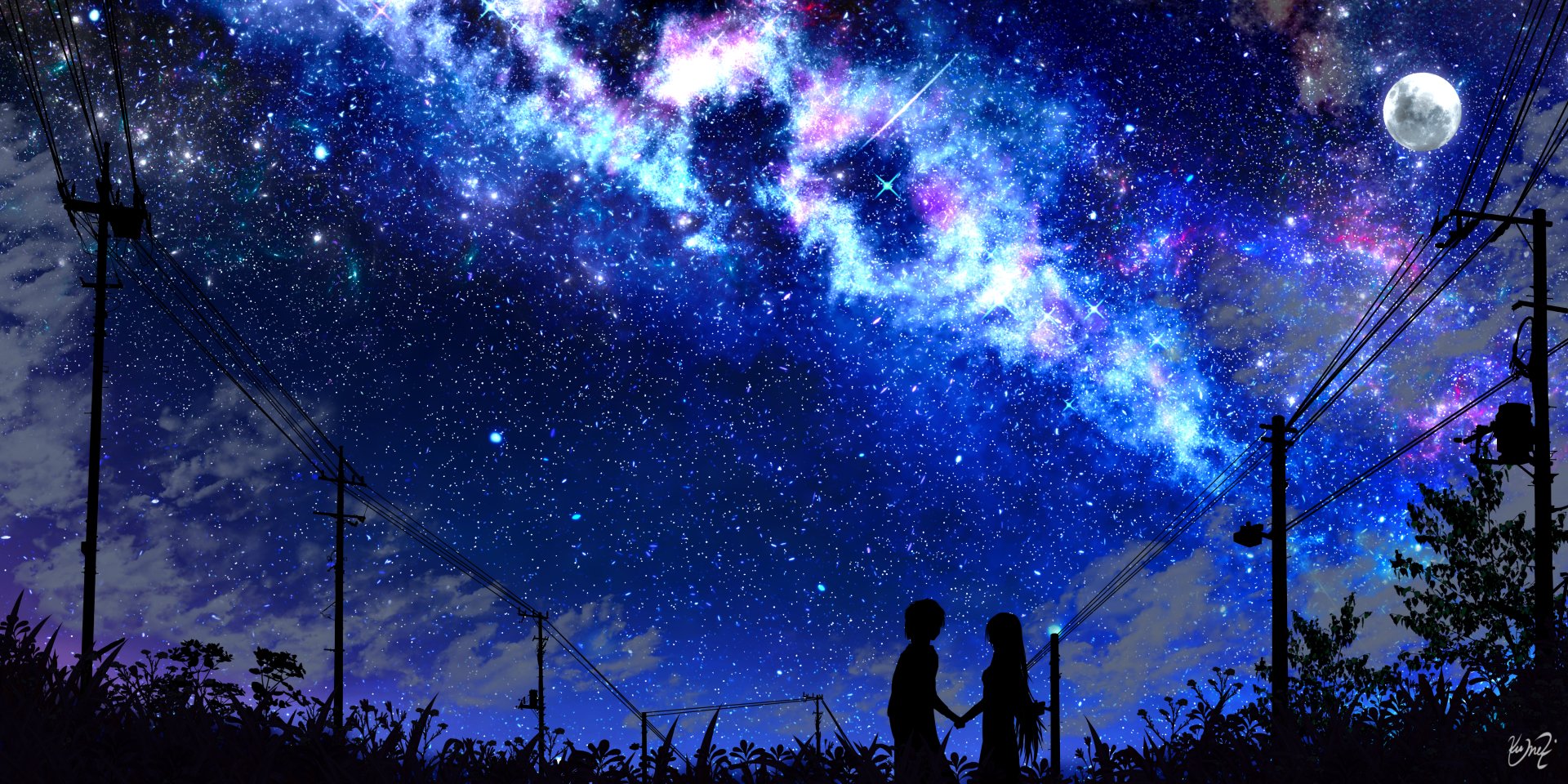 Celestial Night: Anime Stars & Moon in Stunning 4K UHD Wallpaper by クメキx3000