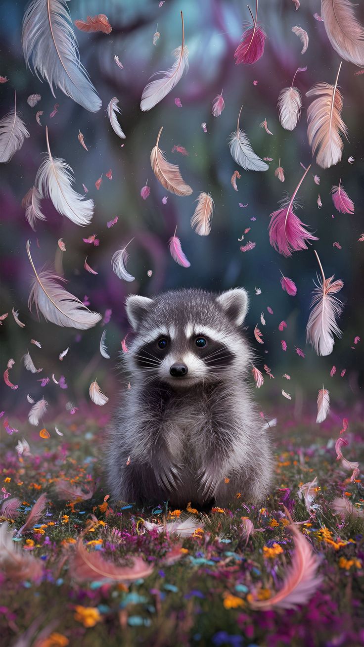 Wallpaper raccoon, animal, feathers