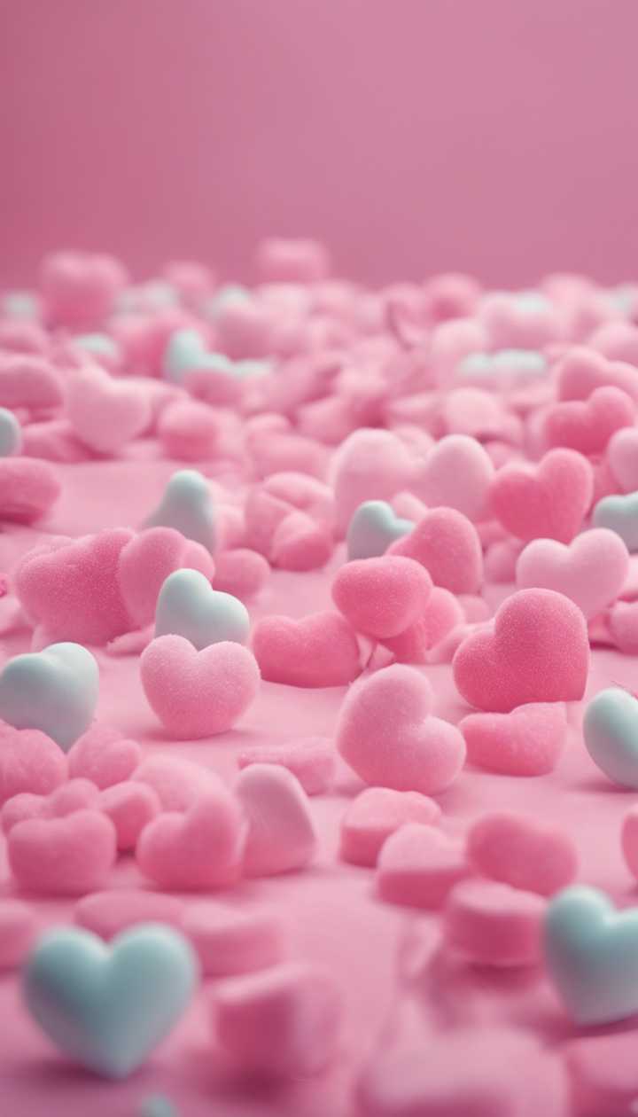 Fluffy pink hearts floating in a candy