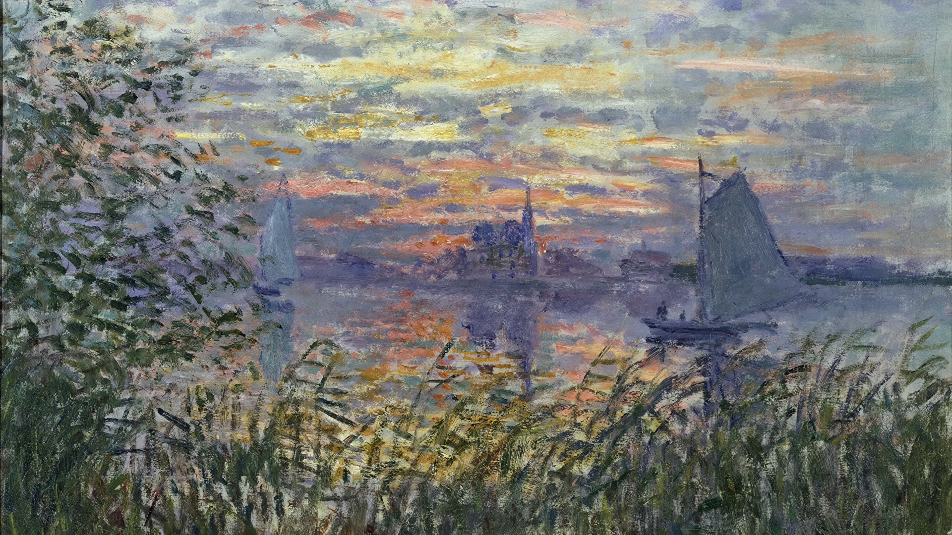Image Claude Monet, Soleil Couchant sur la Seine Boats 1920x1080