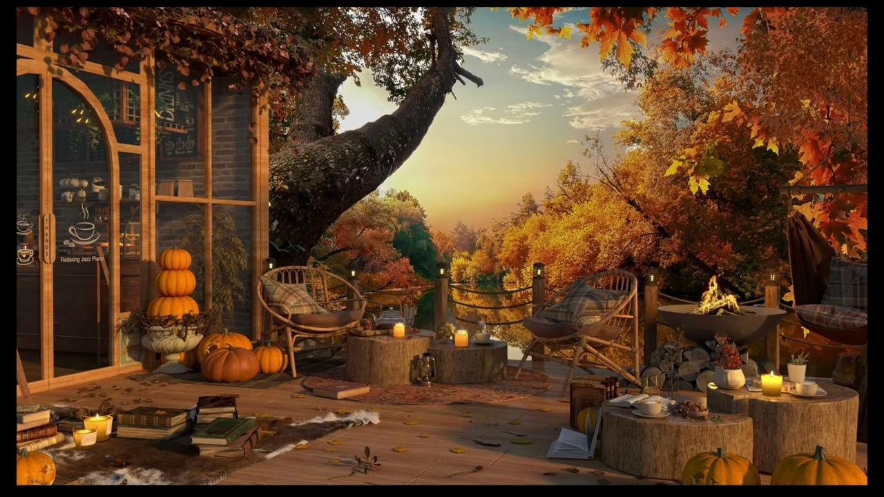 4K Live Wallpaper. Cozy Fall Porch Coffee Shop Ambience with Smooth Jazz Music & Crackling Fireplace