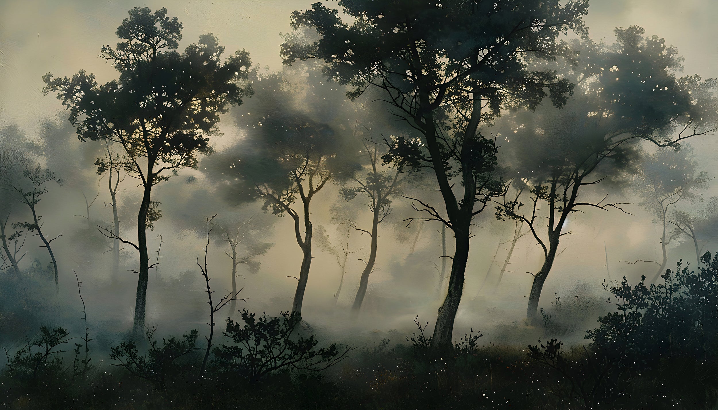 Dark Foggy Trees Vintage Mural