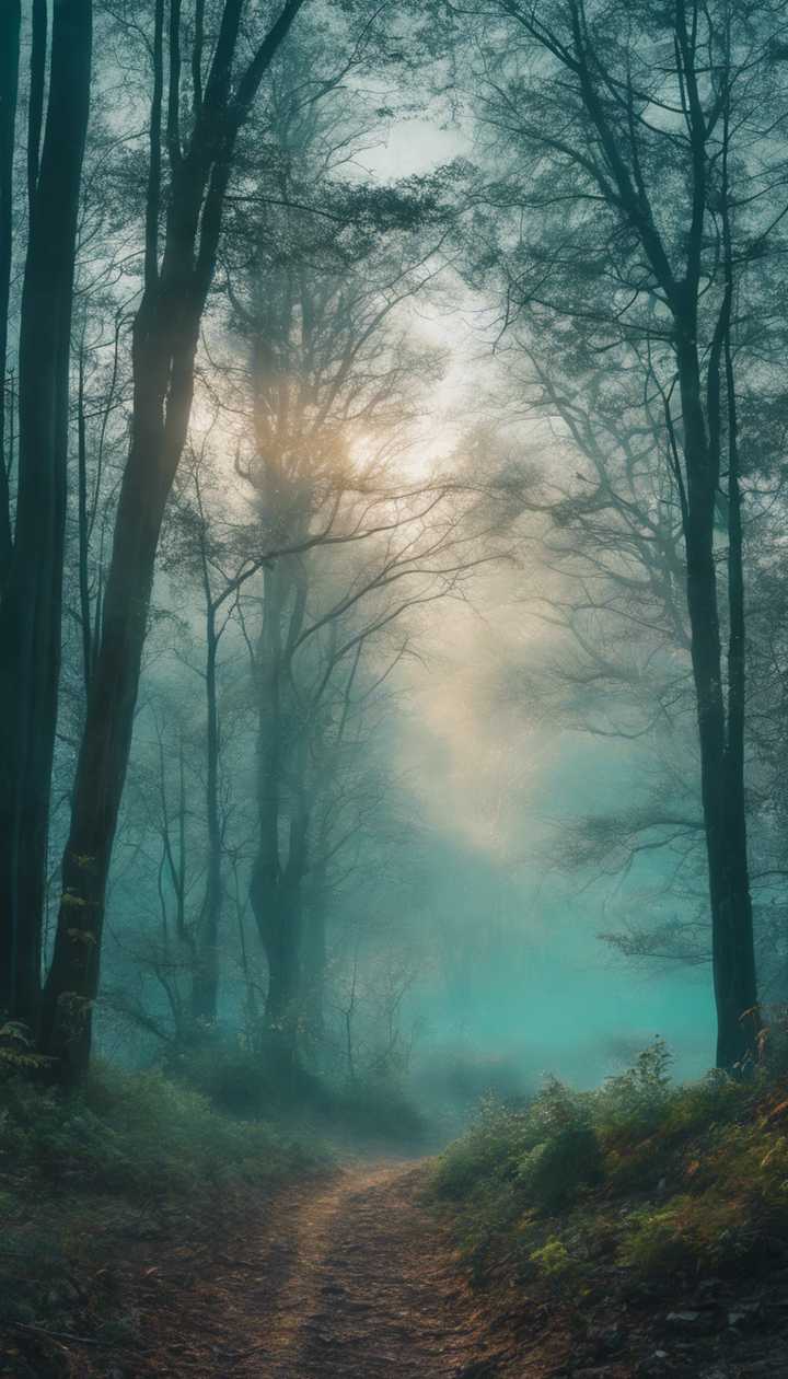 A serene teal landscape with a foggy