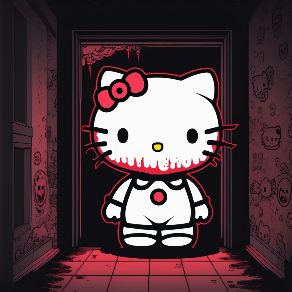 Scary demon Hello Kitty in dark room