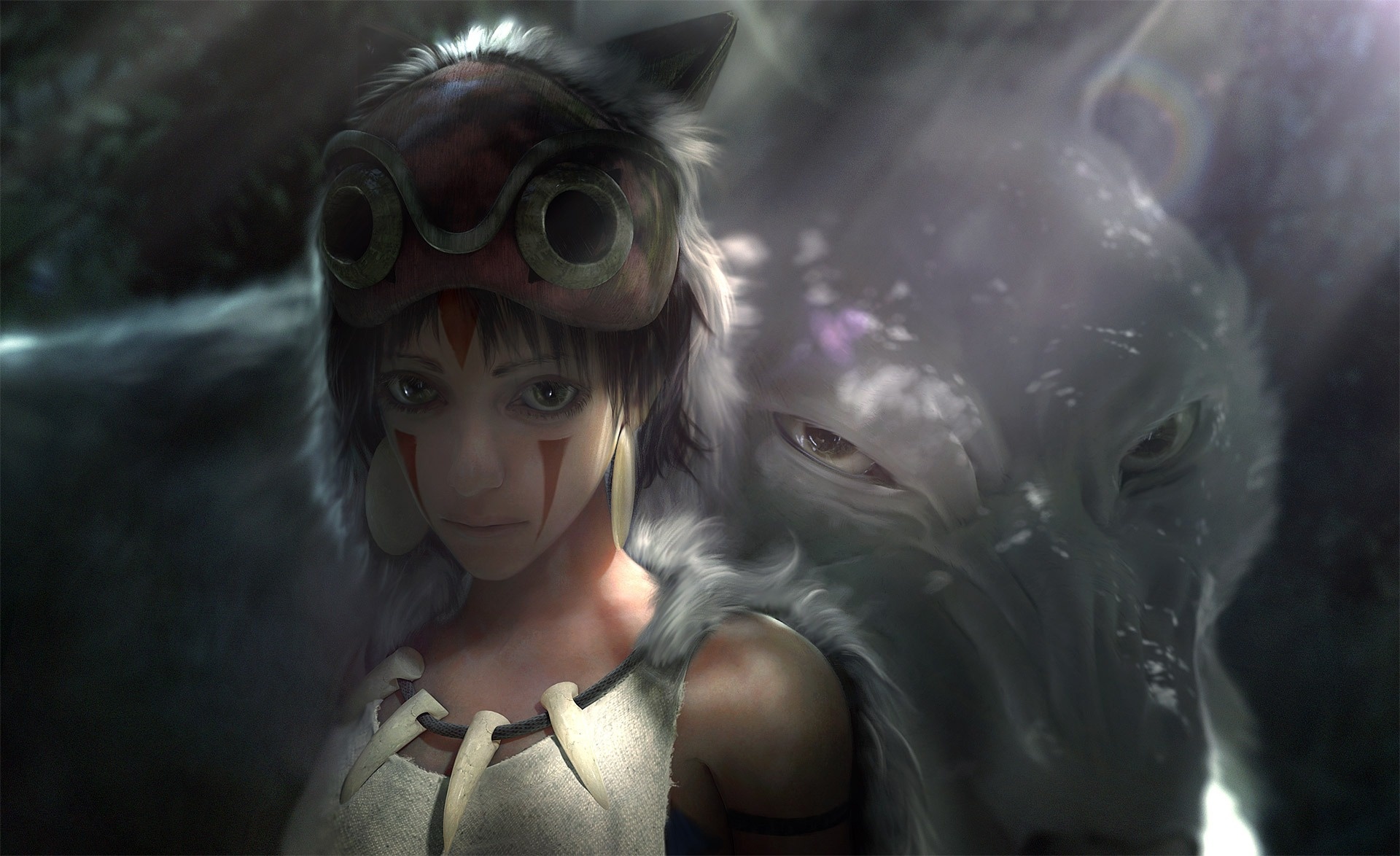 Wallpaper girl, face, wolf, art